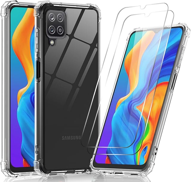 LeYi Case for Samsung Galaxy A12 / M12 and Screen Protector Tempered Glass [2 pack],Armour Shockproof Cover Crystal Clear Slim Soft Silicone Protective TPU bumper Phone Case for A12 Clear