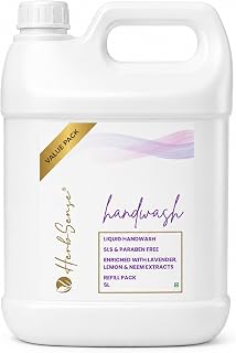 Herbsense Liquid Handwash 5L | No Aritificial Fragrance & Color | Enriched With Coconut Based Cleansers | Lavender, Neem & Lemon Extract | SLS & Paraben Free Herbal Handwash | 5 Litre Refill Pack