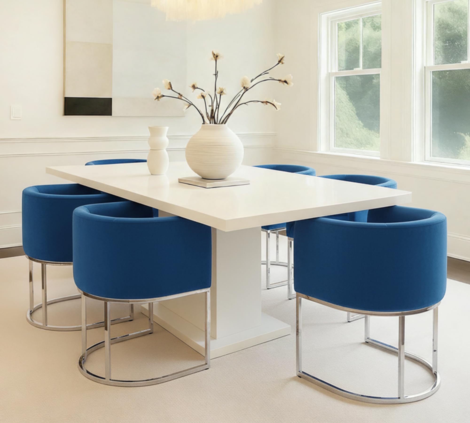 HNY Mid Century Modern Upholstered Barrel Dining Chairs with Arms Set of 6, Velvet Kitchen &amp; Dining Room Chairs, 18.5" Wide Accent Chairs for Dining Room Living Room with Chrome Metal Frame, Blue