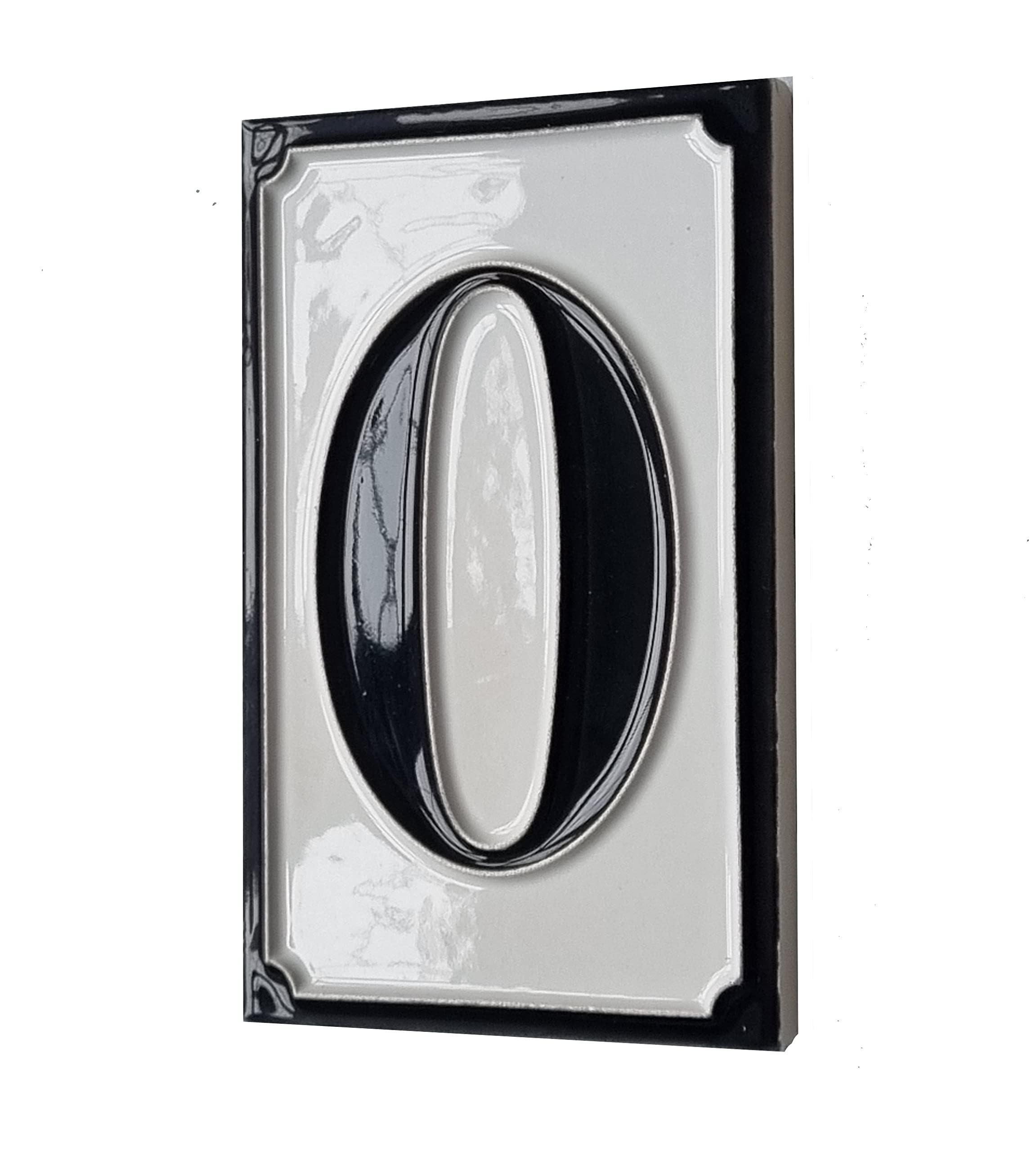 Hand-painted Italian-styled Black and White Ceramic Custom House Address Numbers Tiles 11 x7 cm (Number 0 tile)
