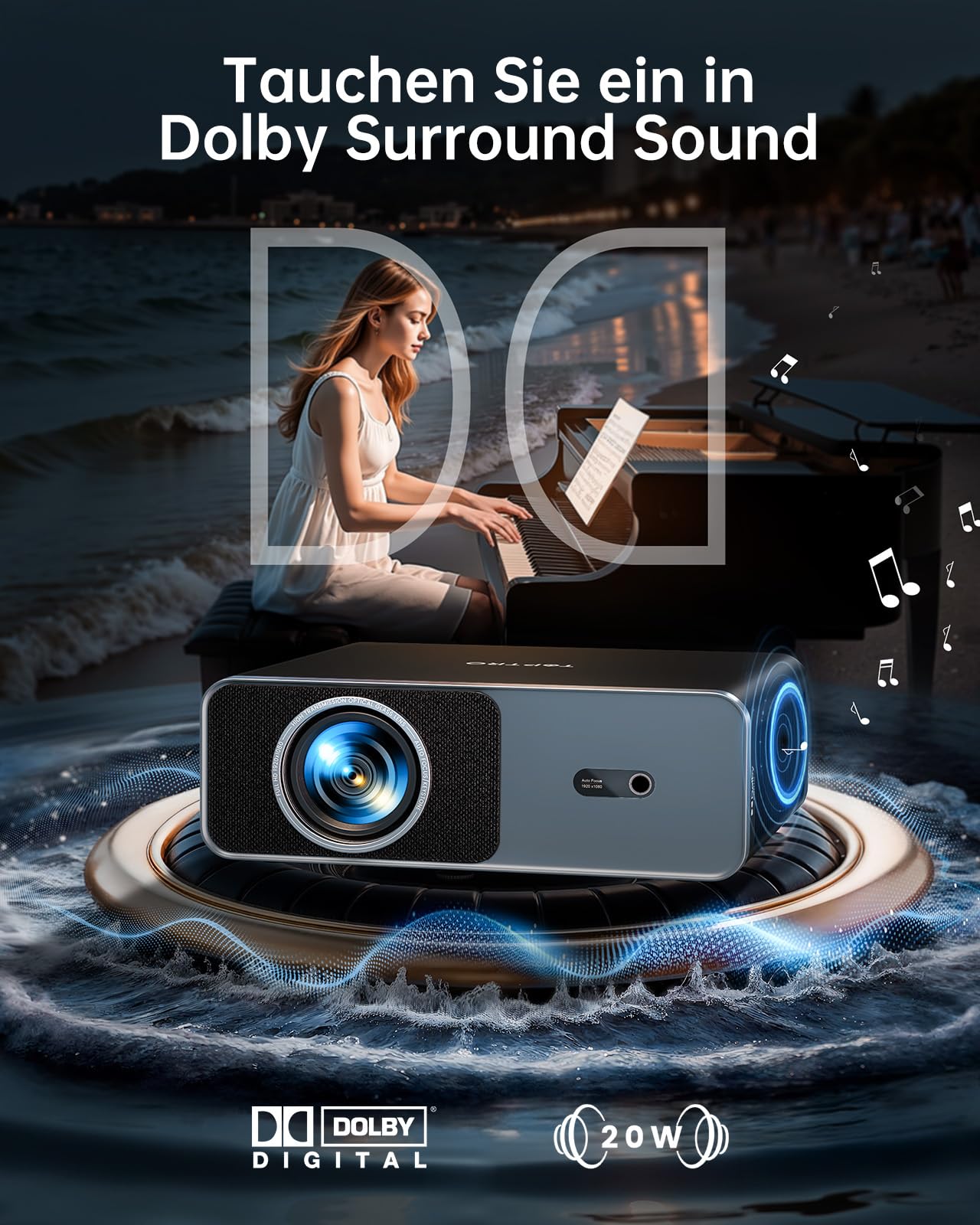 TOPTRO Smart Beamer Kompatibel mit Netflix, 20W Dolby Audio, 1200ANSI | Autofokus/6D Trapezkorrektur, Beamer 4K Heimkino Unterstützt, FHD1080P HDR10 WiFi 6/2-Wege-Bluetooth, geräuscharmer Projektor