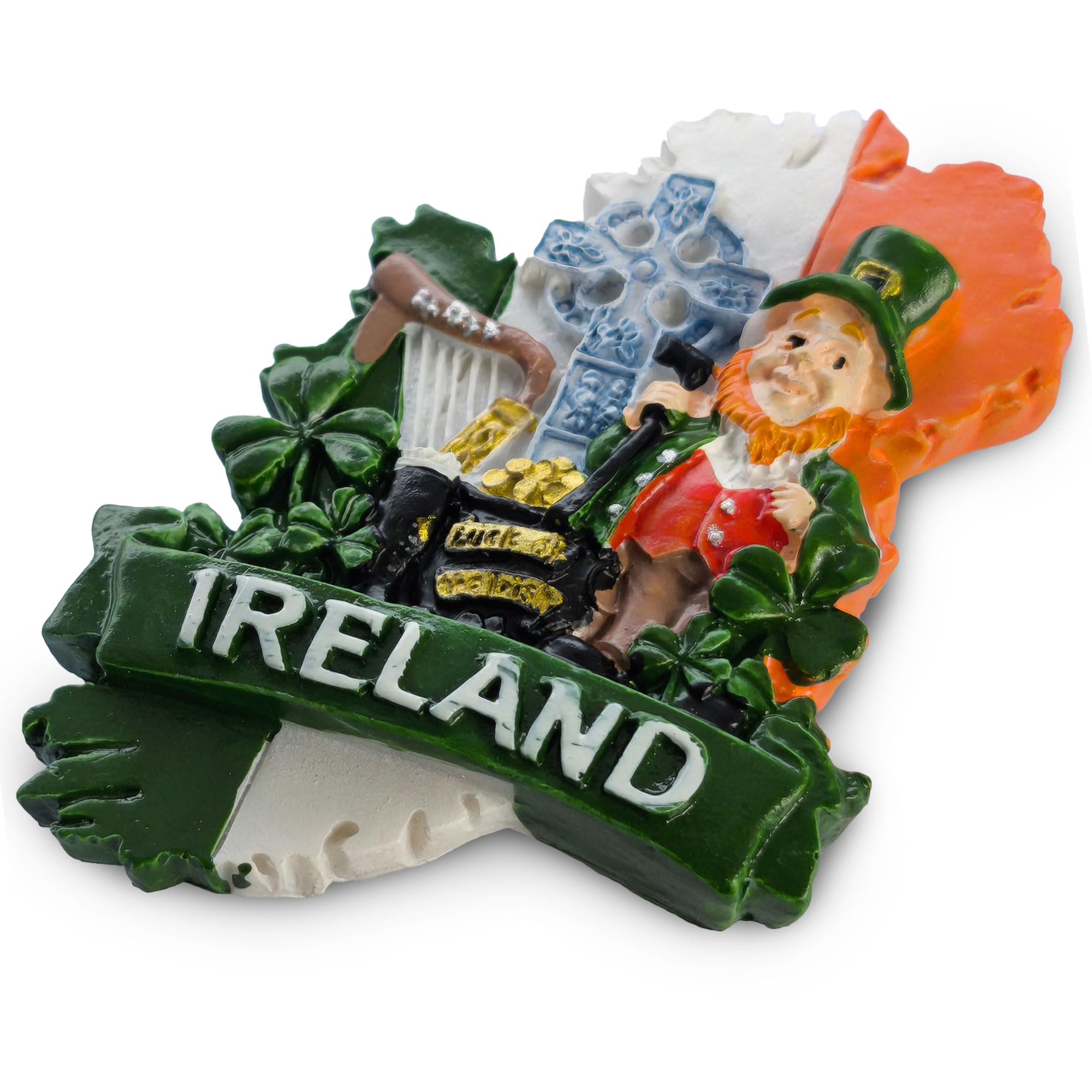 Maxi-Solutions Ireland 3D Leprechaun Souvenir Fridge Magnet Celtic Cross, Harp & Shamrock Design, Irish Travel Collectible (4.7 X 6.6 X 1.6Cm)