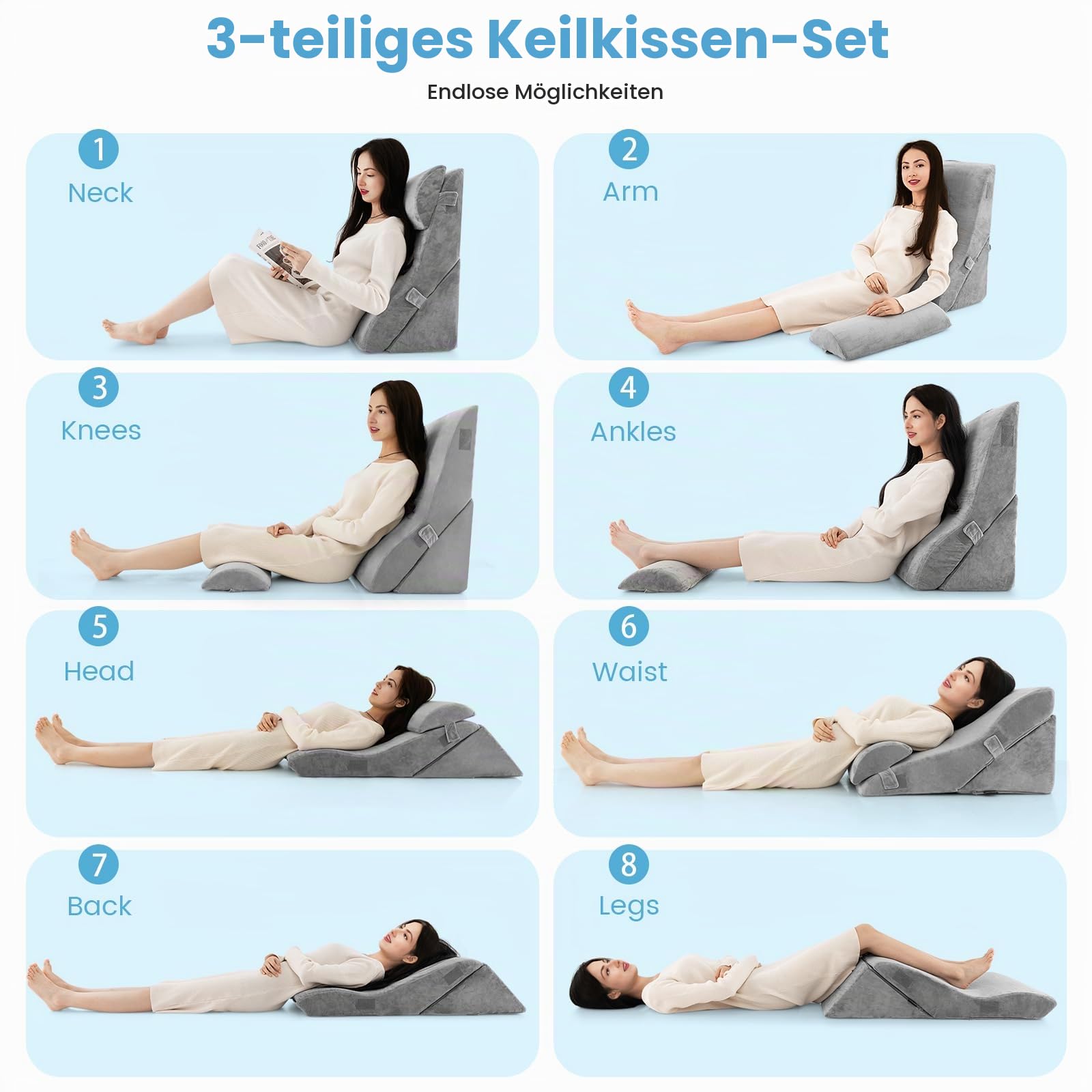FANTASK 3Tlg. Lesekissen zum Beine hochlagern, Venenkissen, orthopädisches Keilkissen-Set nach Operationen gegen Schnarchen, Sodbrennen & Rückenschmerzen (Grau)