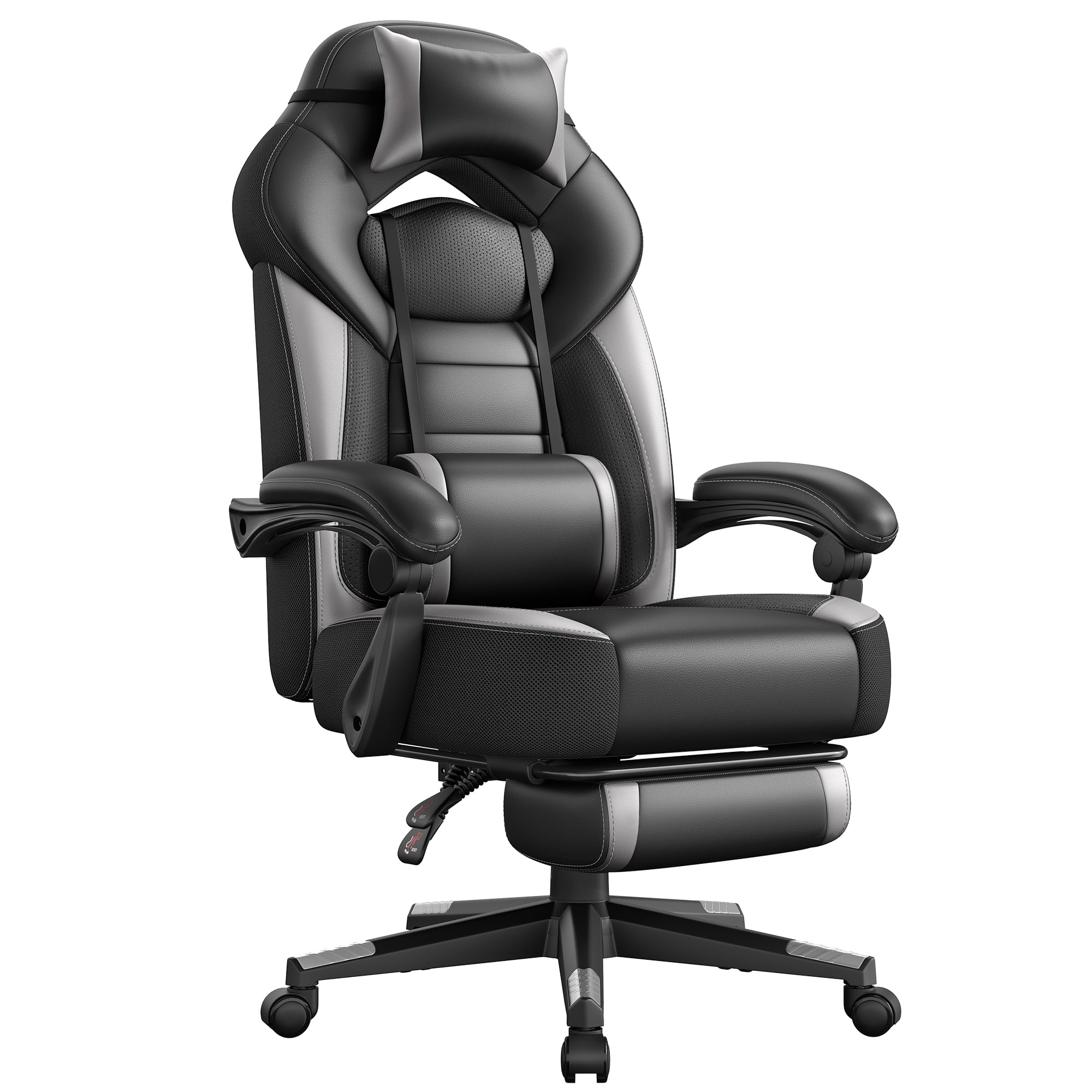 SONGMICS Silla Gaming, Silla de Oficina, Ordenador, Diseño Ergonómico, con Reposapiés, Reposacabezas Ajustable, Cojín Lumbar, Capacidad de Carga 150 kg, Gris y Negro OBG77BG