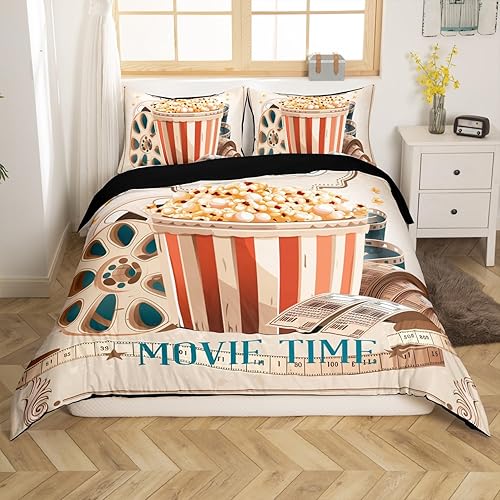 Erosebridal Juego de funda de edredón de cine vintage, tamaño matrimonial, juego de ropa de cama de palomitas de maíz con tira de película y