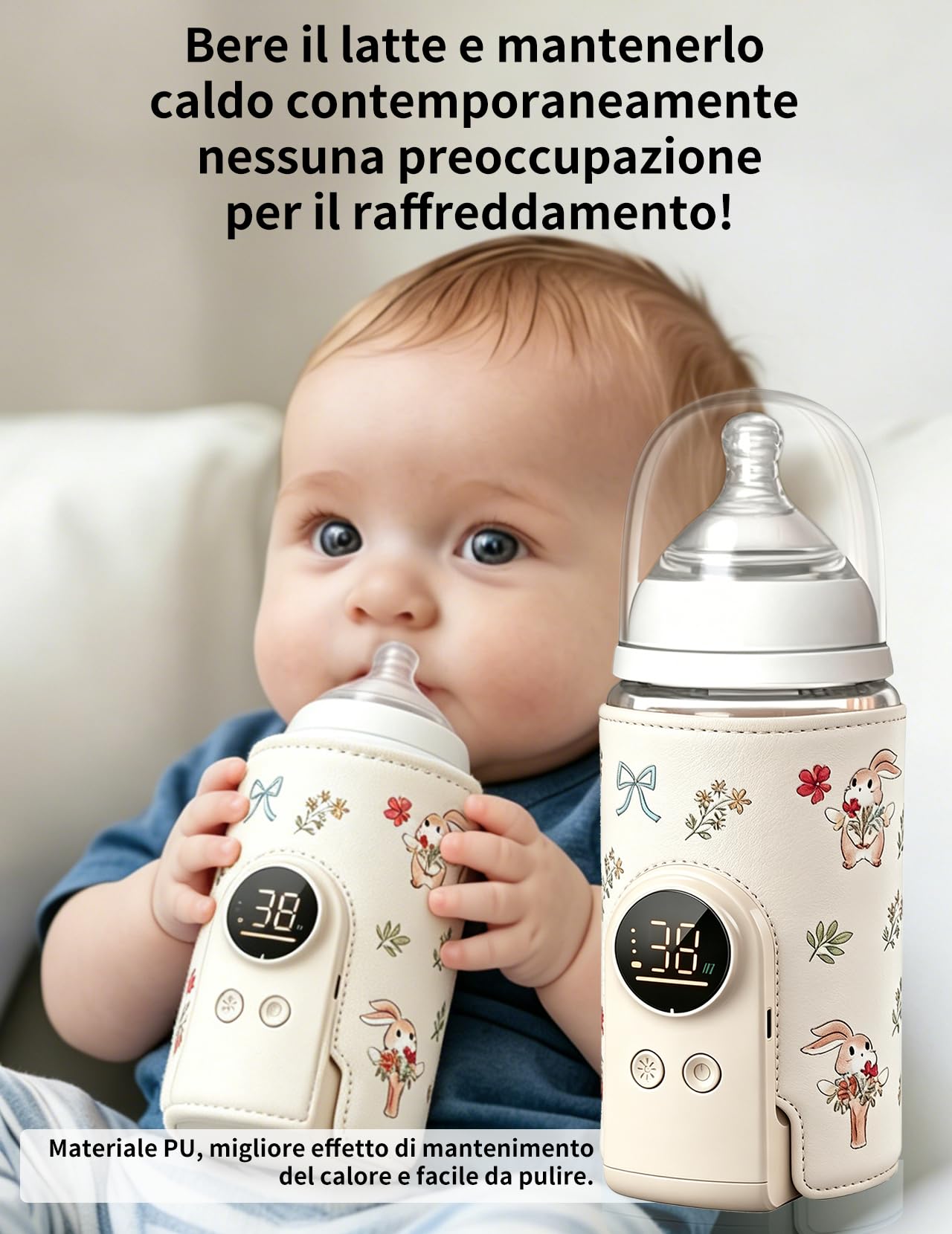 Scaldabiberon per bambini, con batteria da 8000 mAh, 6 livelli di temperatura da 38 a 50 °C, indicatore LED e luce notturna, portatile, funzione di ricarica USB, per viaggi e casa (beige)