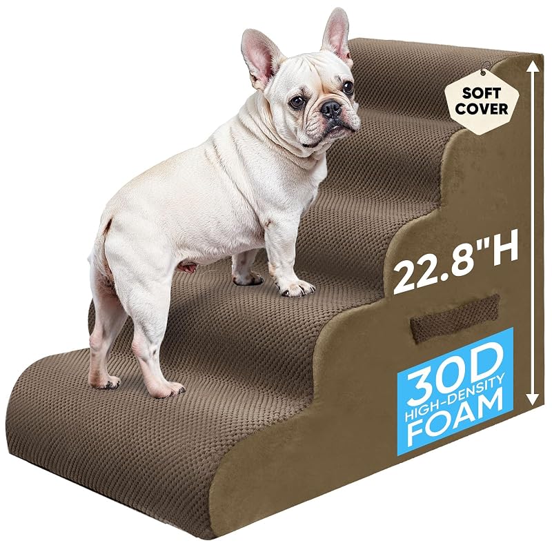 Escada para Cães PAWSCRAT com 5 Degraus e Espuma Macia 30D, Marrom, 57,91 cm