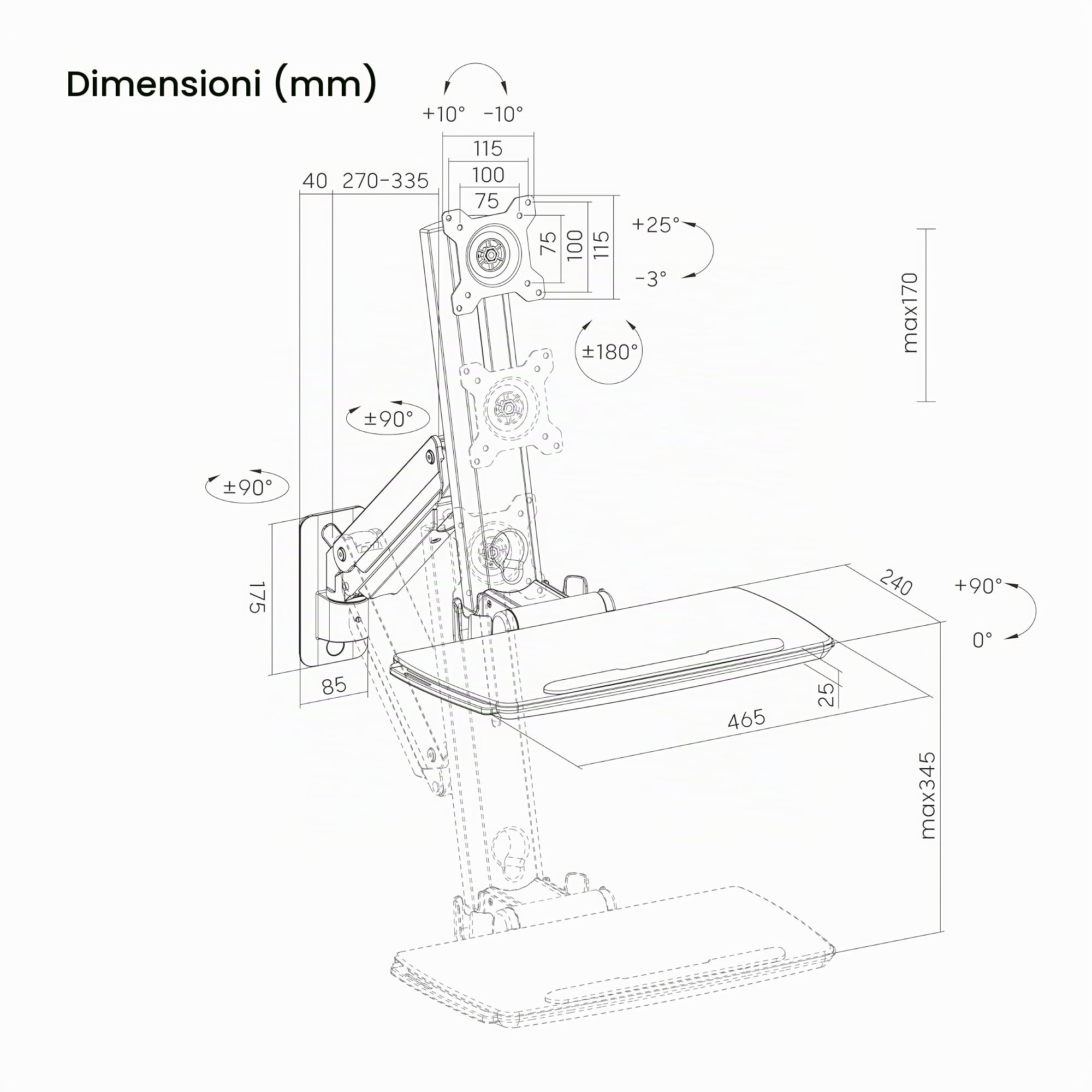 PureMounts Supporto per monitor con vassoio per tastiera, supporto per schermo a parete con vassoio per tastiera, regolabile in altezza, orientabile, inclinabile, postazione di lavoro in piedi, bianco