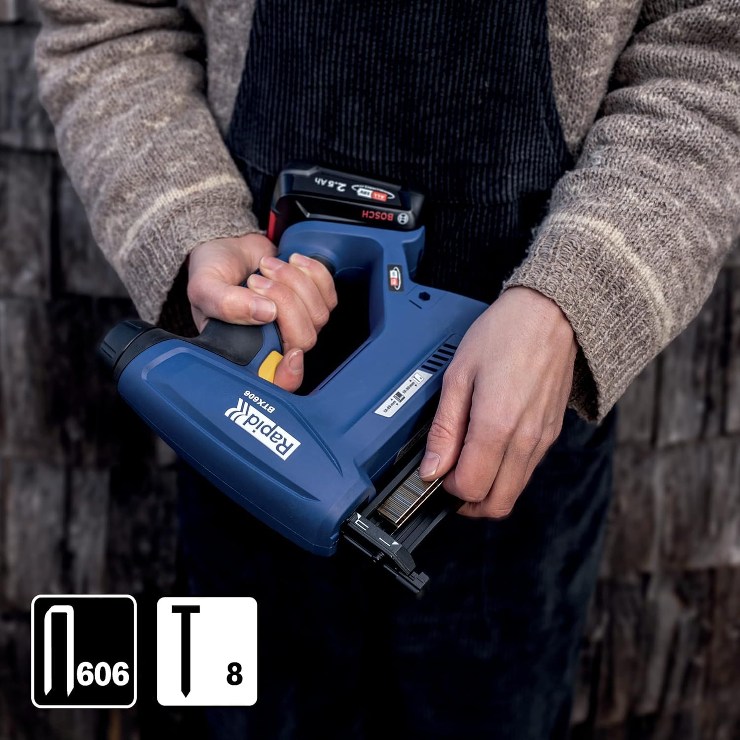 Rapid BTX606 - Agrafeuse Murale 18V, Agrafeuse-Cloueuse Électrique Sans Fil à Batterie, pour Agrafes à Couronne Étroite & Pointes, Bois Dur & Tendre + Batterie 2,5 Ah, Chargeur, Malette (5001502)