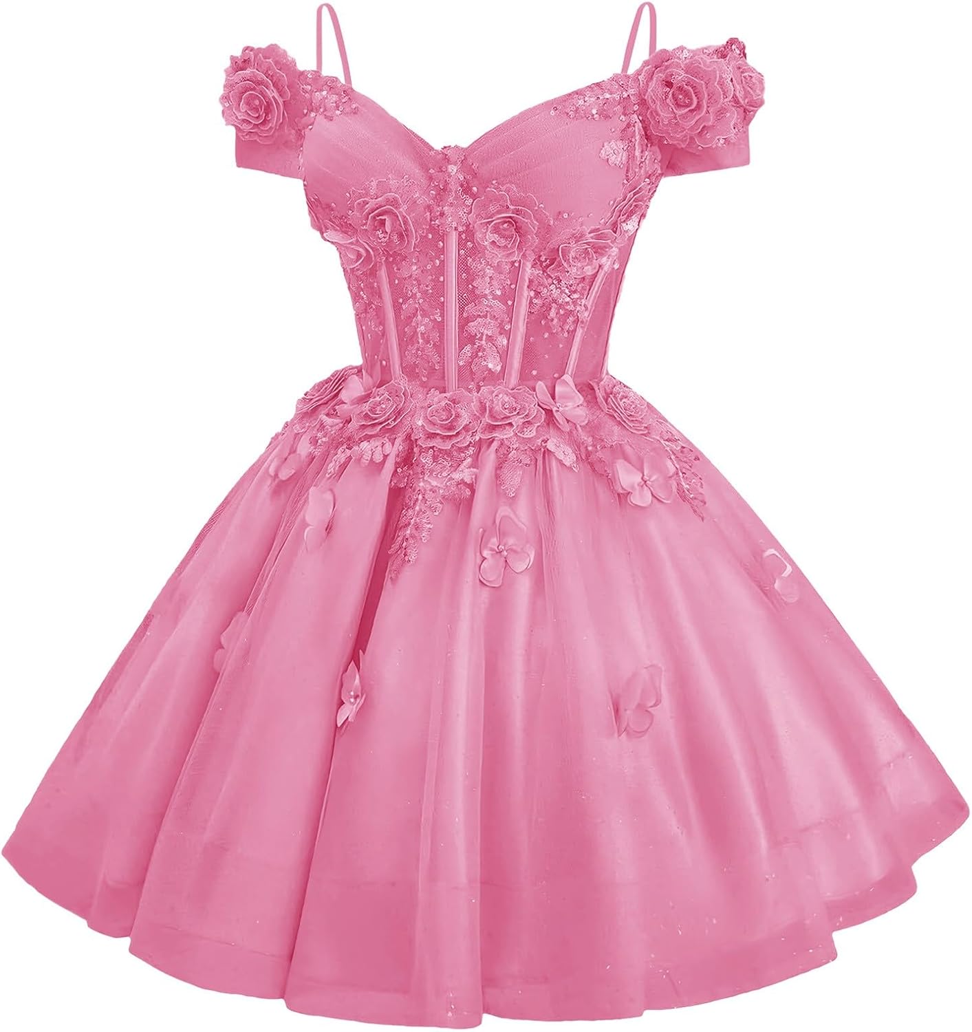 Tulle Homecoming Dresses for Teens Lace 3D Floral Short Prom Dress Spaghetti Strap Quinceanera DAMA Dress