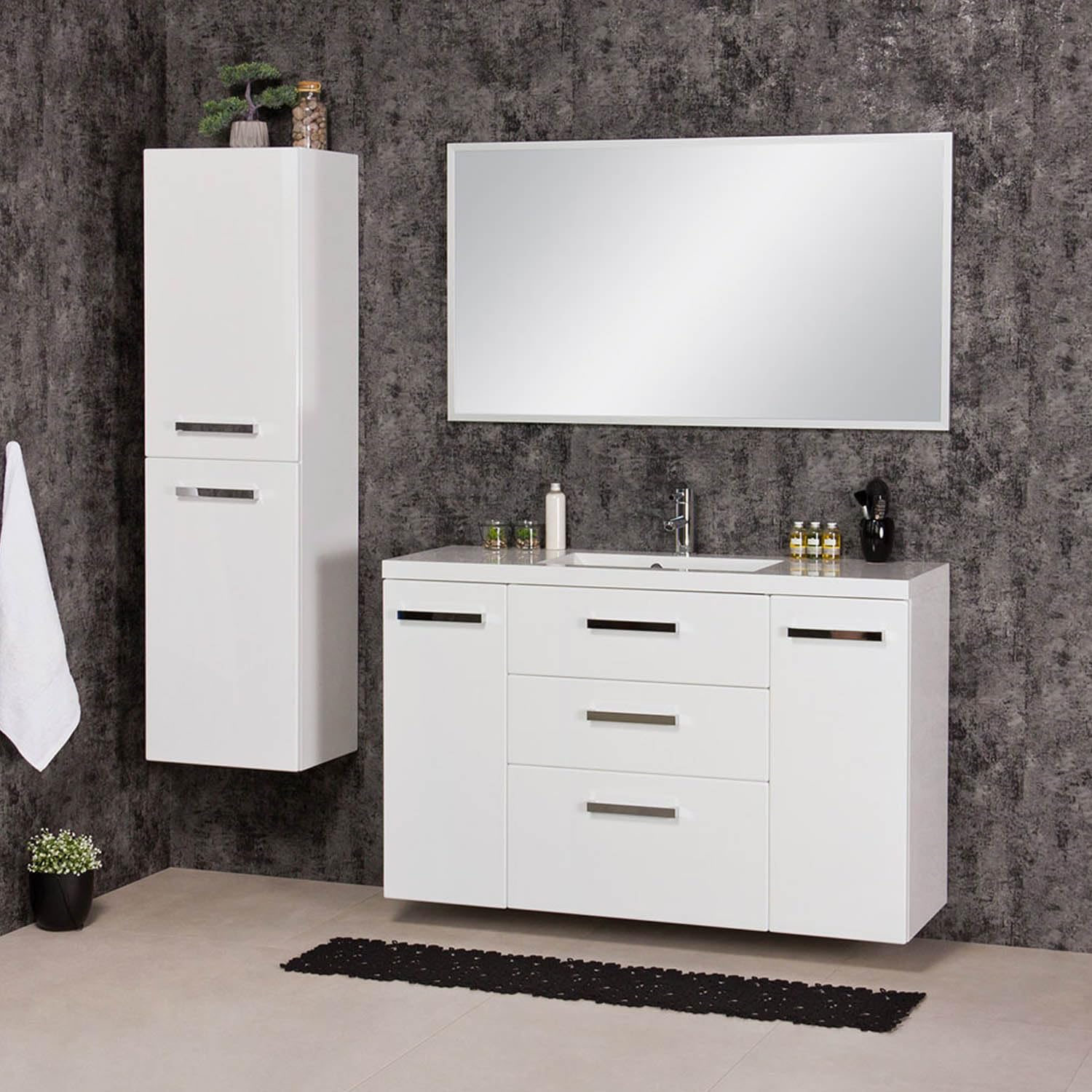 Quentis Badmöbelset Genua Breite 120 cm, weiß Hochglanz, Waschbecken mit Unterschrank, 3 Softclose-Schubladen, 2 Türen, Waschbeckenunterschrank montiert