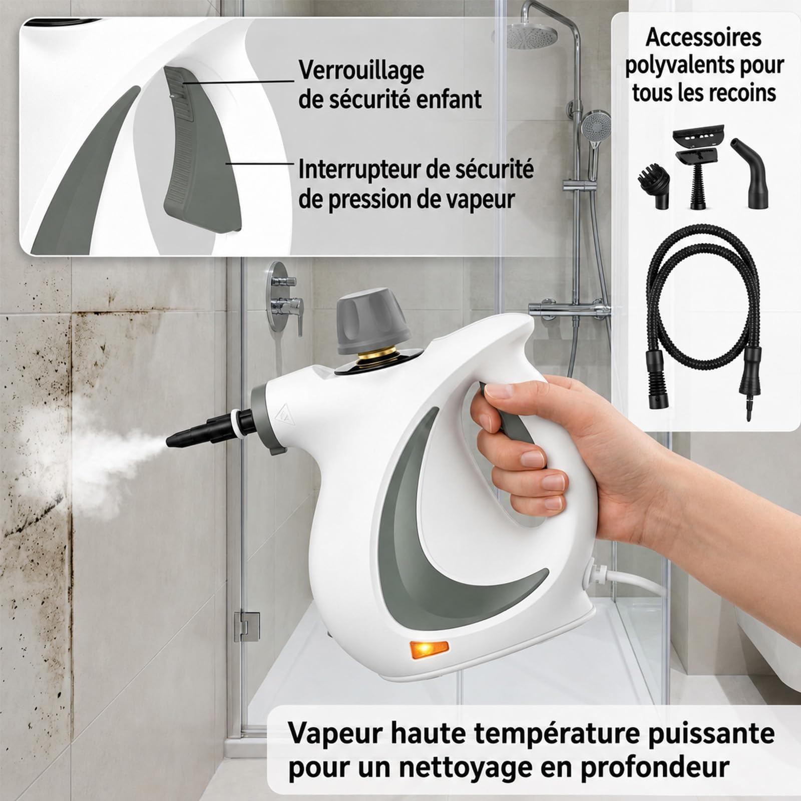 Nettoyeur vapeur à main portable 135 °C, pression 3,5 Bar, kit avec 9 accessoires multifonctions, nettoyeur à vapeur haute température pour salle de bain, cuisine, joints, sols