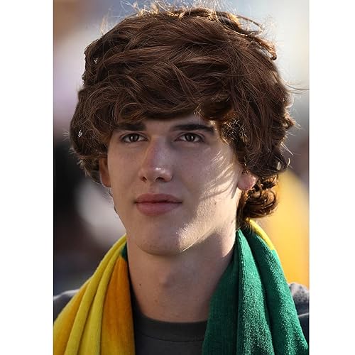 Miniatura 5 de Peluca marrón para hombre, peluca corta ondulada marrón esponjosa para hombres y niños, pelo sintético natural para disfraz