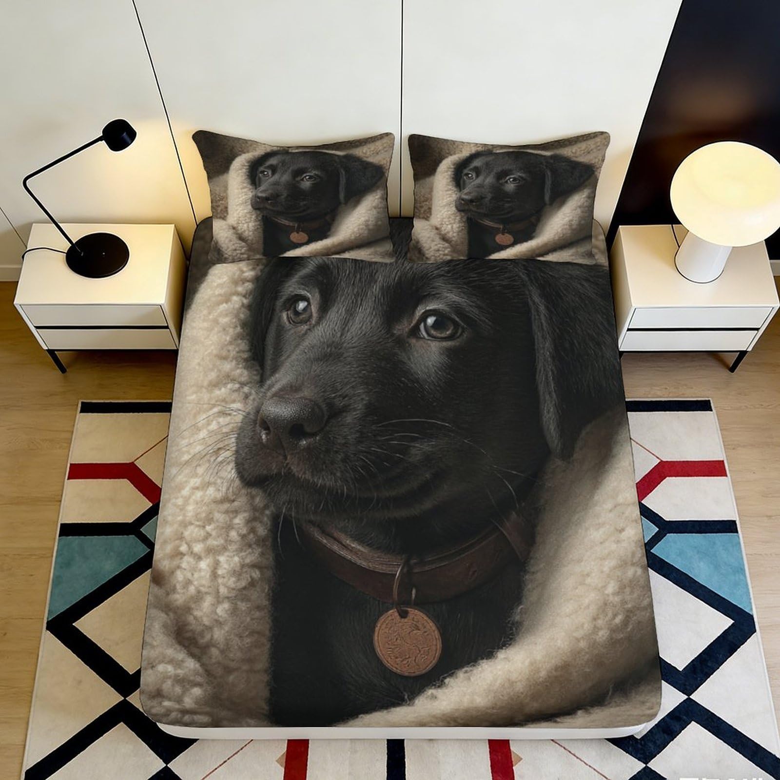 3D Printed Black Labrador Fitted Sheet Microfiber Soft Dog Portrait Bed Cover for Bedroom Guest Room Mattress Protection 90x200x25cm