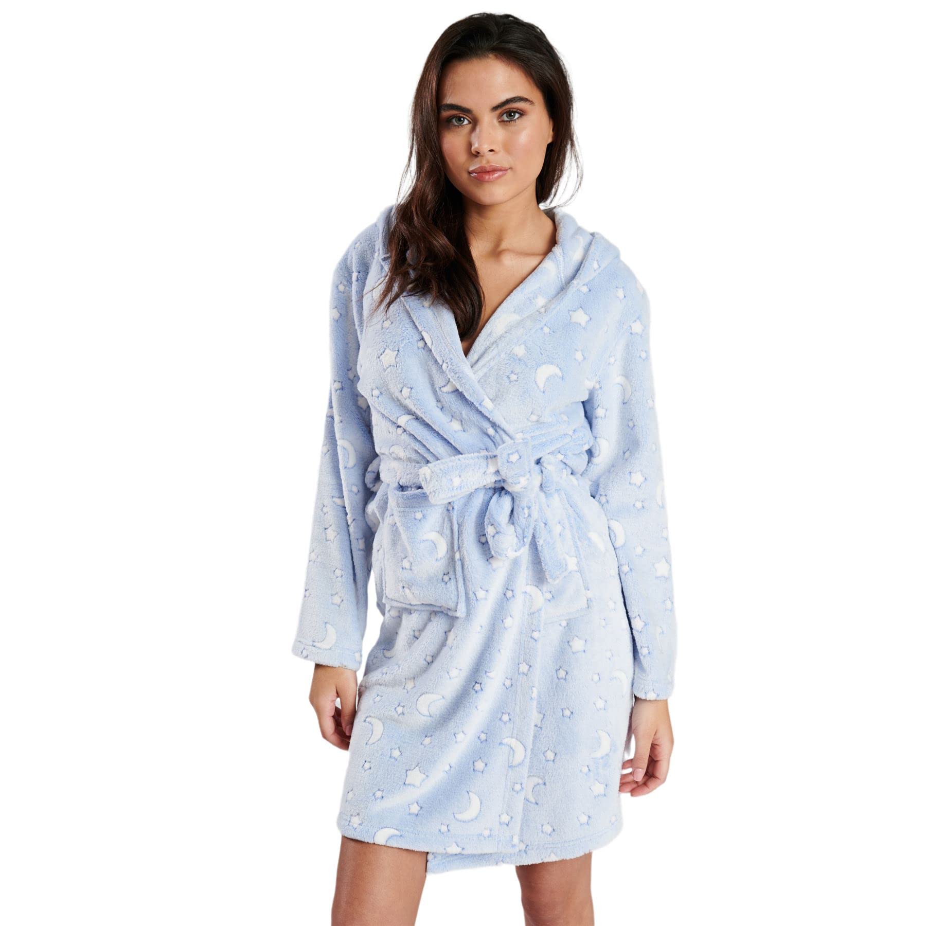 Evotex Trading Women's Blue Moon And Stars Fleece Hooded Bath Robe/Dressing Gown L