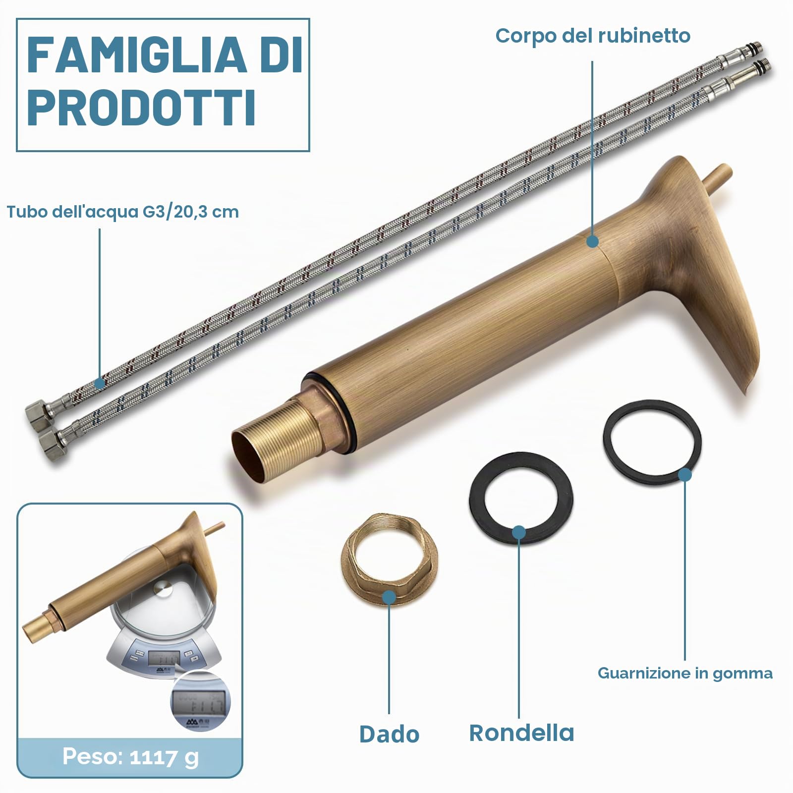Rubinetto da bagno in ottone anticato, Bevankly, rubinetto per lavabo Retrò, monocomando, a cascata rubinetti, miscelatore da bagno in ottone freddo e caldo per bagno, 3/8"