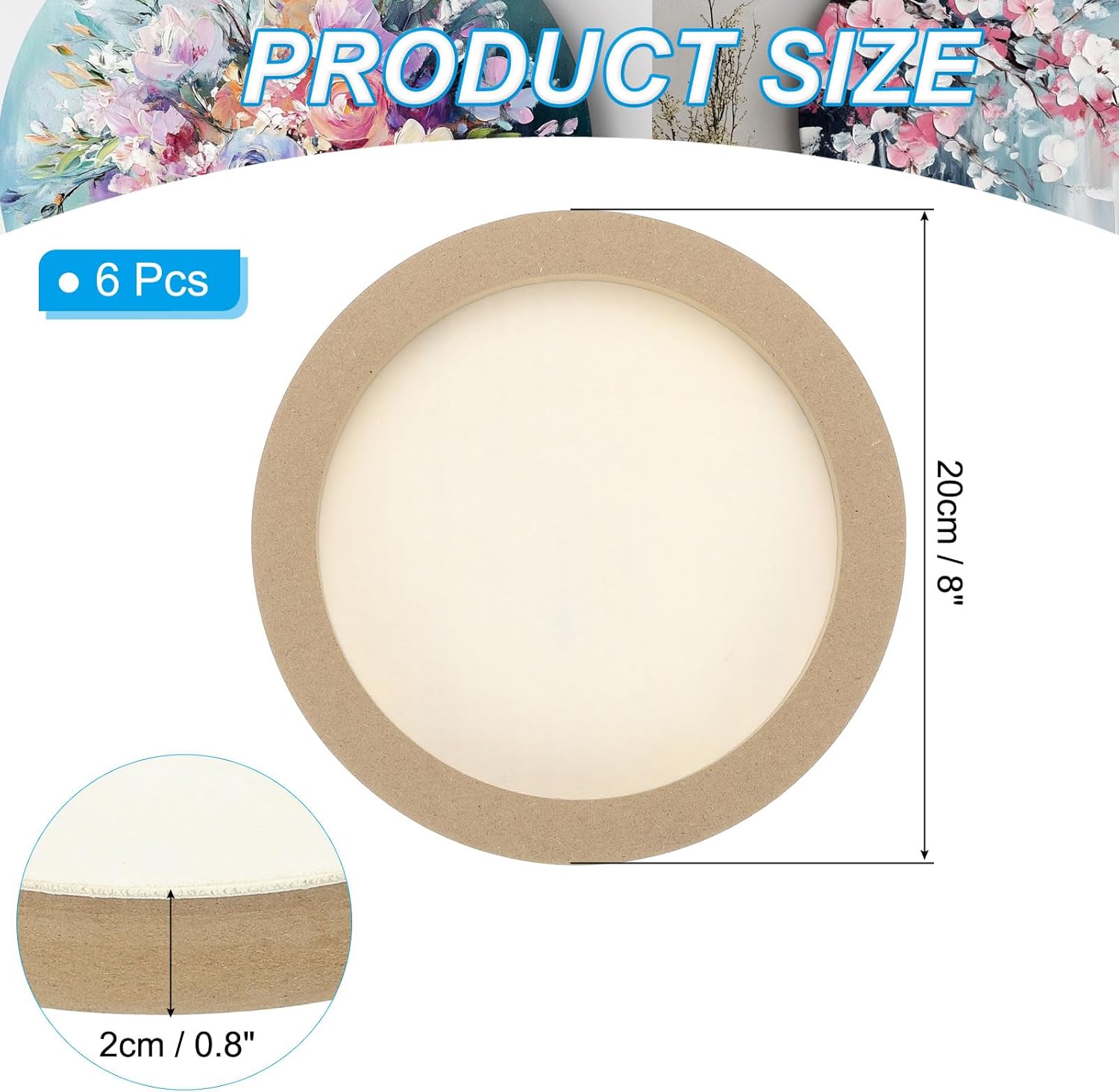 PATIKIL 8" Round Wood Canvas Panels, 6pcs Unfinished Wood Plaque Disc Circle Board for Craft Projects, Art Painting, Carving, Engraving, DIY