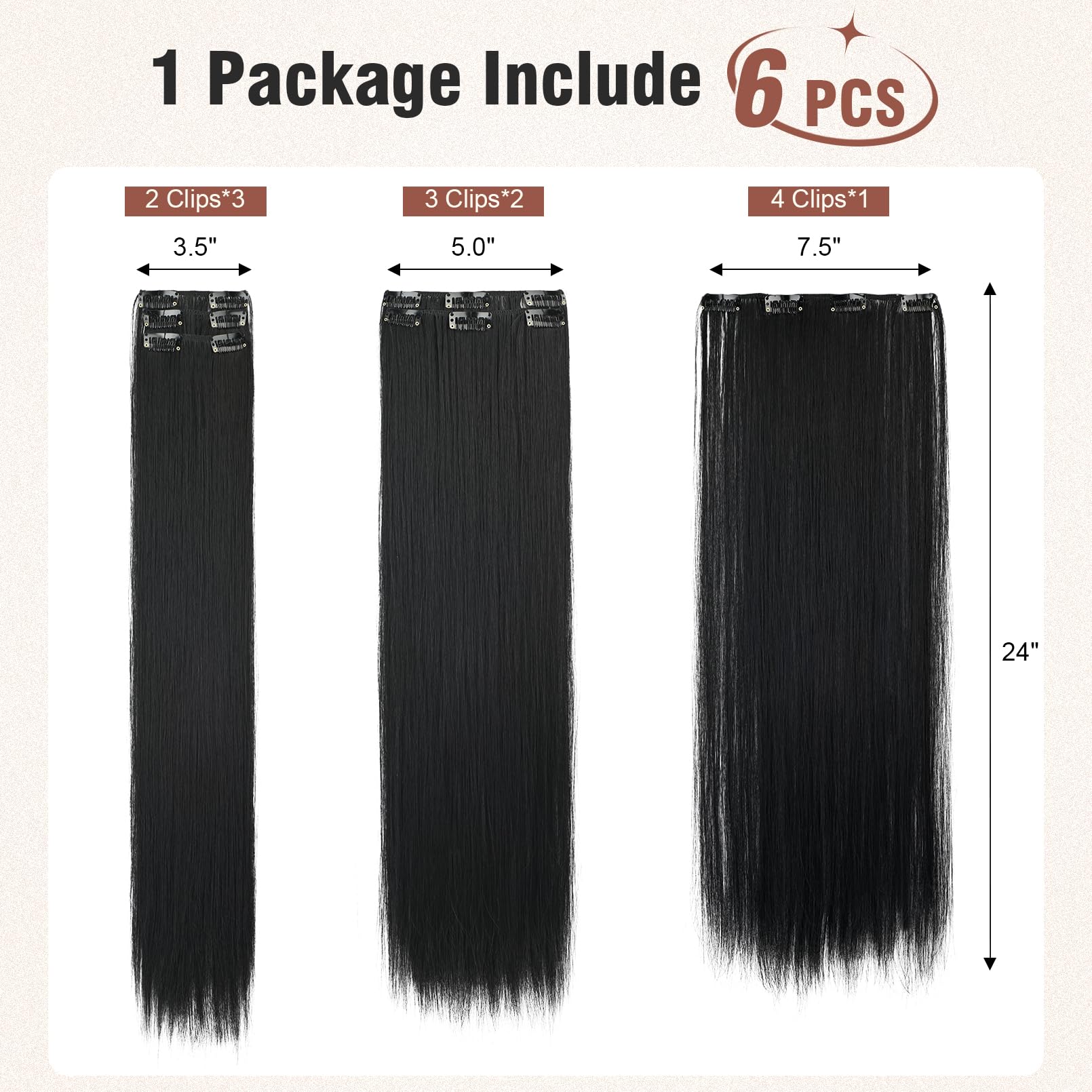 FLUFYMOOZ 6PC Clip in Hair Extensions 24" Straight Long Extensions for Women Synthetic Hairpiece (Natural Black) - Image 4