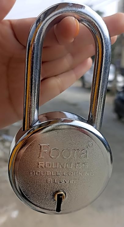 Foora Round 65 Long Shakle Lock with Long Shackle - Metal Body, Double Locking, 8 Steel Levers, 5 Silver Keys with Keychain, Silver Finish, Ideal for Door, Gate, Home and Shutters (Original Image)