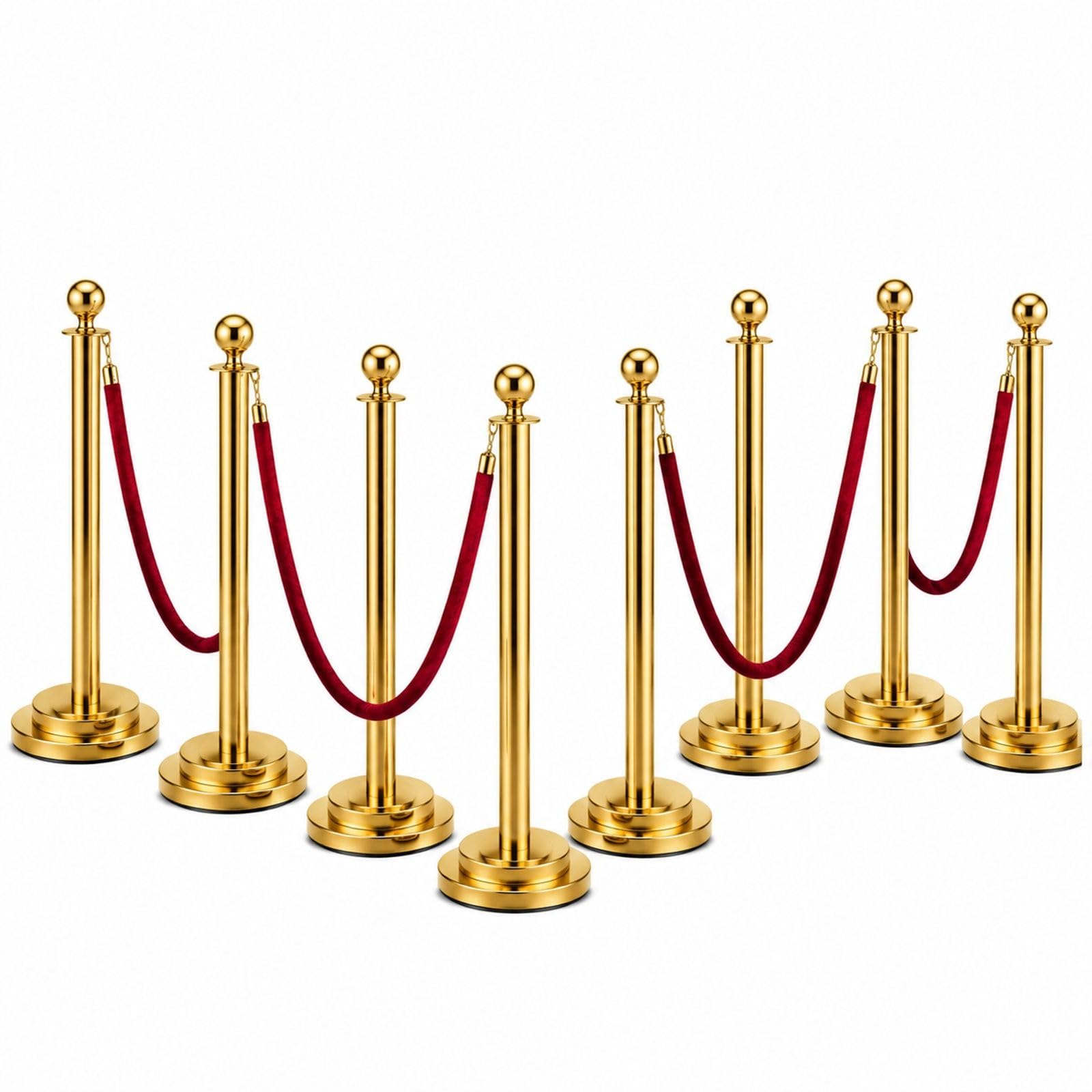 8 poteaux de guidage dorés avec corde en velours rouge