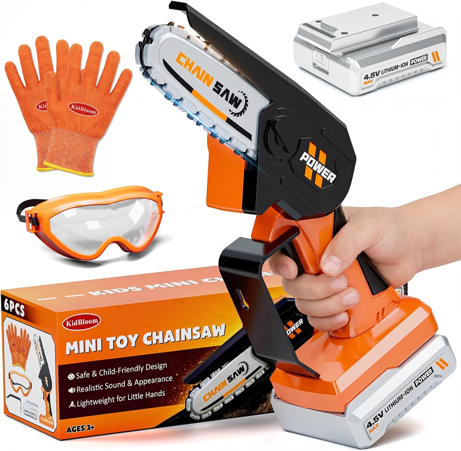 KidBloom Kids Tool Set, Mini Toy Chainsaw with Sound, Kids Gardening Set & Yard Tools, Outdoor Pretend Play Toys for Boys with Gloves & Safety Goggles, Birthday Gifts for 2 3 4 5 6 7 Year Old