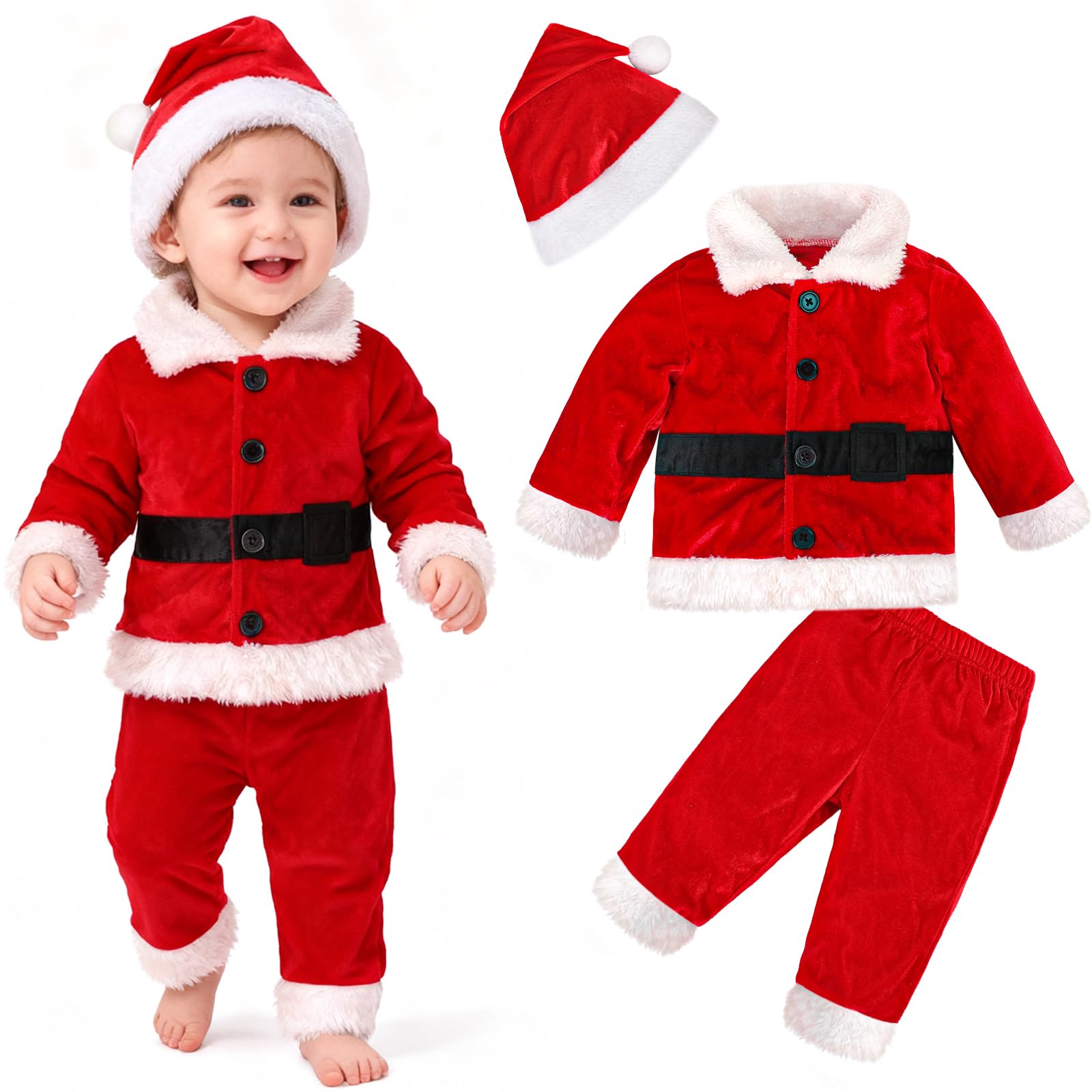 Hifot Baby Christmas Outfit My First Christmas Baby Girl Boy Santa Outfit Infant Fleece Outwear Jacket Top + Pant + Hat + Socks Kids Santa Costume