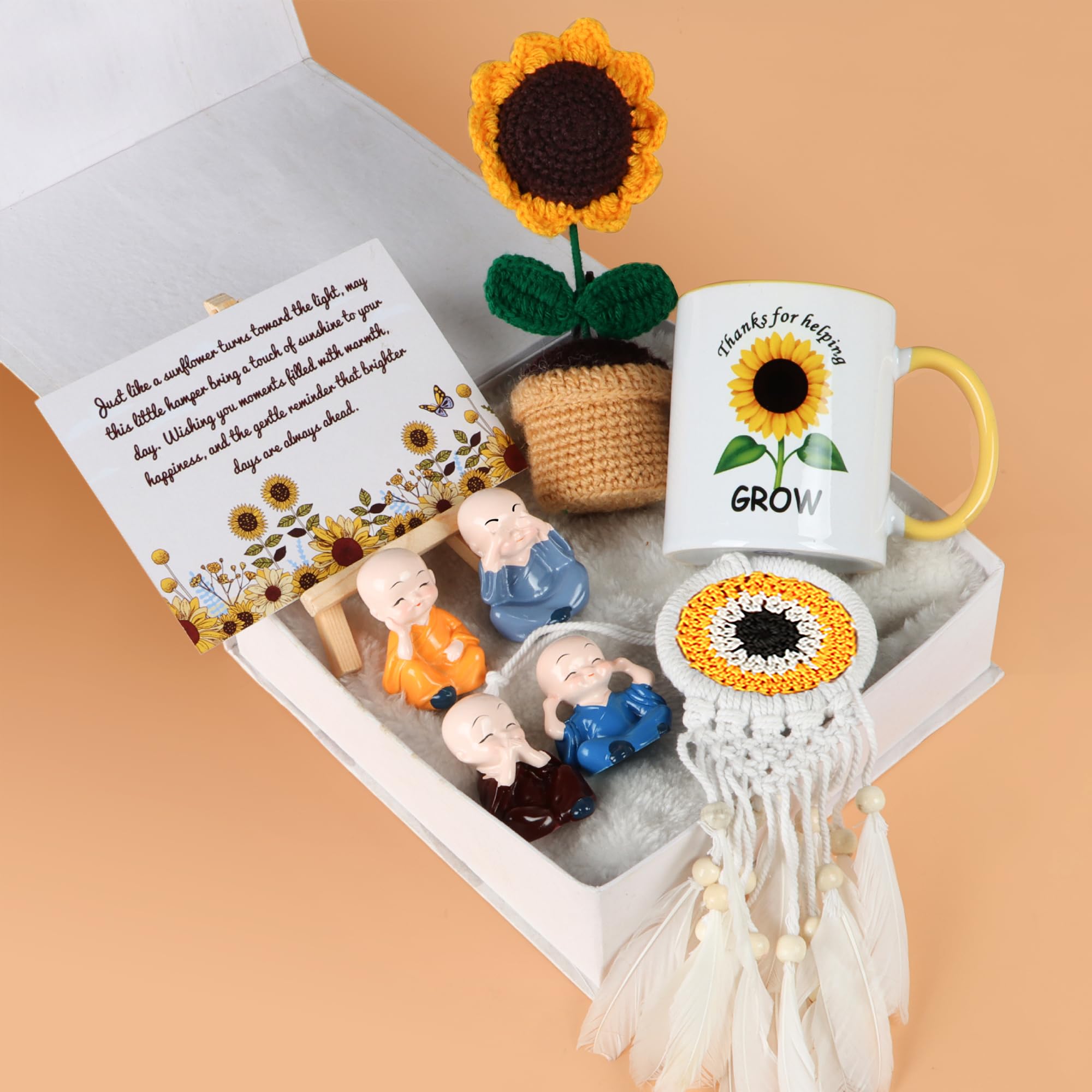 Relish The Loony Box Sunflower Gift Set for Women & Girls | Crochet Sunflower Pot, Mug, Dreamcatcher, Buddha Monk, Easel Stand with Card | Birthday, Anniversary, Valentine Surpise Gift for Her-image-41
