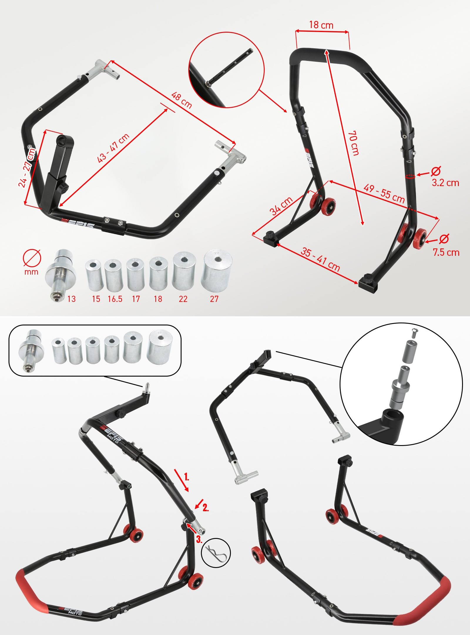 SEFIS D18 Set de caballetes para motocicleta, caballete de rueda delantera, elevador de rueda trasera, soporte de servicio frontal y trasero, caballete de montaje trasero para motocicleta, set de