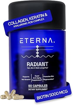 ETERNA RADIANT Hair Growth Supplement - Biotin Collagen Keratin Hyaluronic Acid & Antioxidants - Supports Thicker Stronger Hair for Women & Men - Advanced 10-in-1 Formula with Zinc, Vitamin B6 and B12