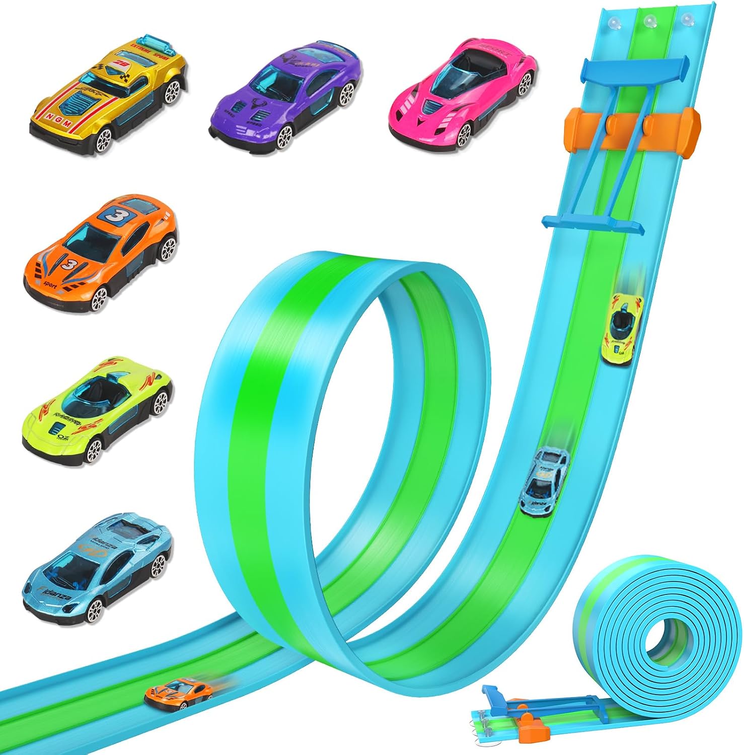Pistas de carreras flexibles ACELIFE, pista de carreras de 4.5M con 6 coches incluidos. Pista de carreras portátil de tres pistas con rampas para coches 1/64. Juguetes de regalo para niños a partir de