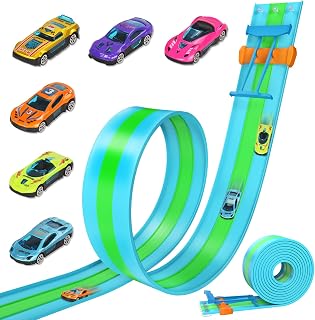 ACELIFE Circuits de course de voitures flexibles, 4,5 m de piste de course automobile comprenant 6 voitures, piste de course portable à trois voies, rampes pour voitures 1/64e, jouet cadeau pour