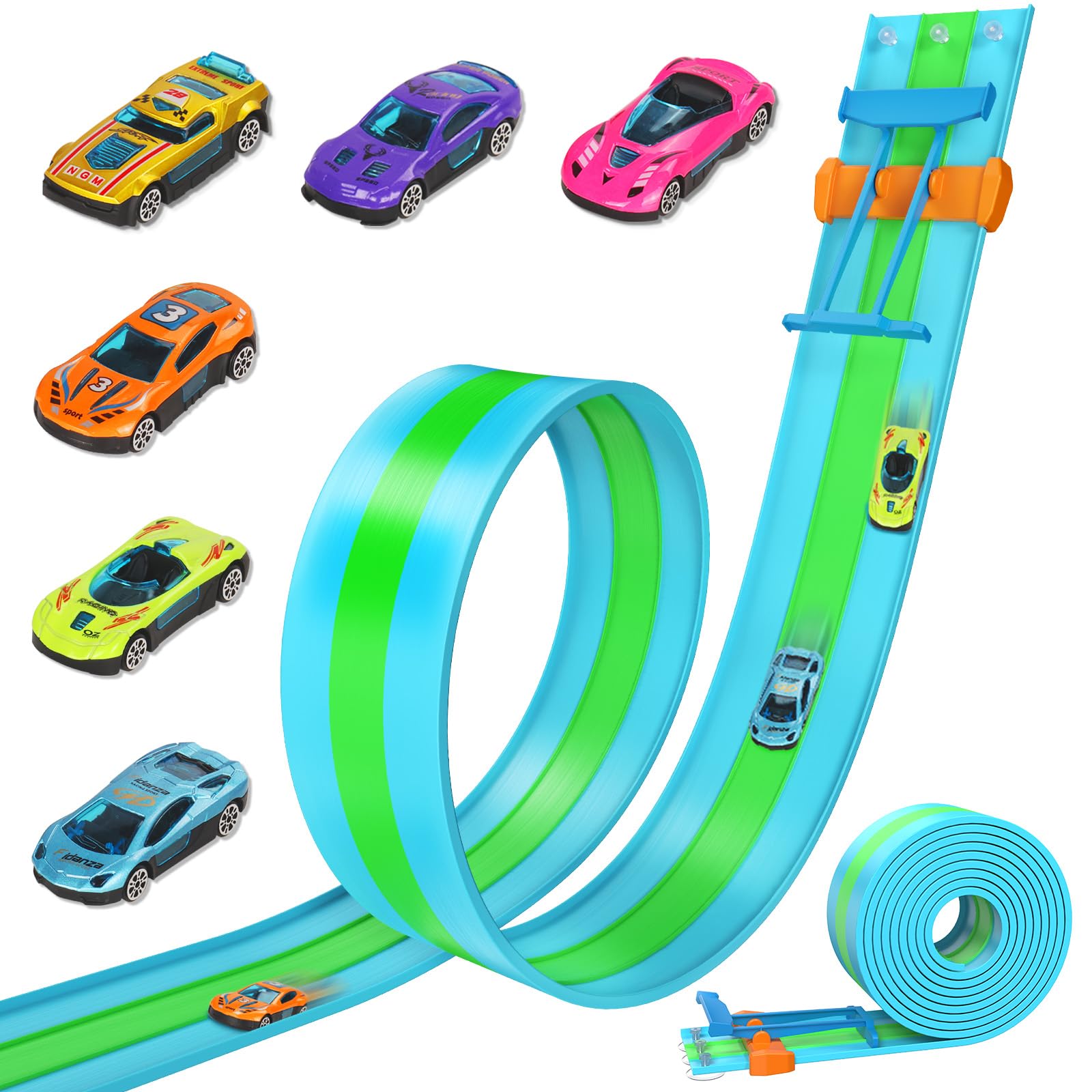 Car Racing Track 4.5M, Speed Track Triple Lanes with 6 Plastic Cars, Flexible Car Track Toys for Kids, Race Track with Suction Cups for Loops Jumps Ramps, Birthday Gifts for 3 4 5 6 7 8 Boys Girls