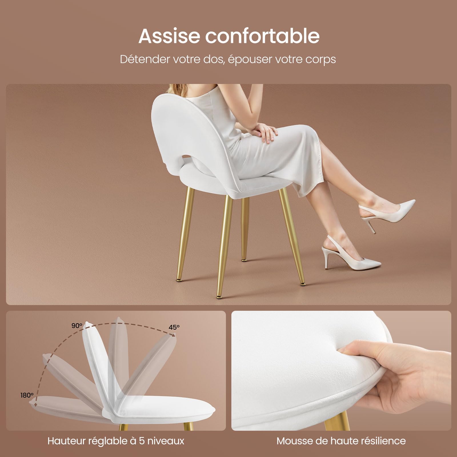 EUGAD Coiffeuse avec Miroir LED Réglable à 3 Niveaux, Table de Maquillage avec Chaise en Velours, avec 2 Tiroirs à Effet 3D en Bois Massif, Moderne, Blanc+Doré, 0056SZT