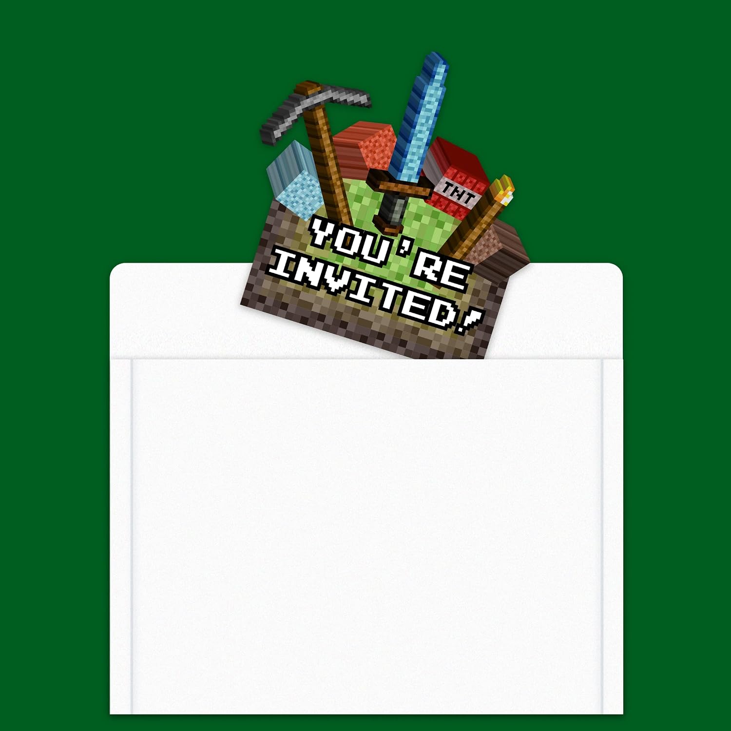 Mining Pixel World Video Game Birthday Party Invites For Boy Kids - 20 Count of 4 x 6 Inch Double Sided Fill-In Invitations With Wet To Seal Envelopes