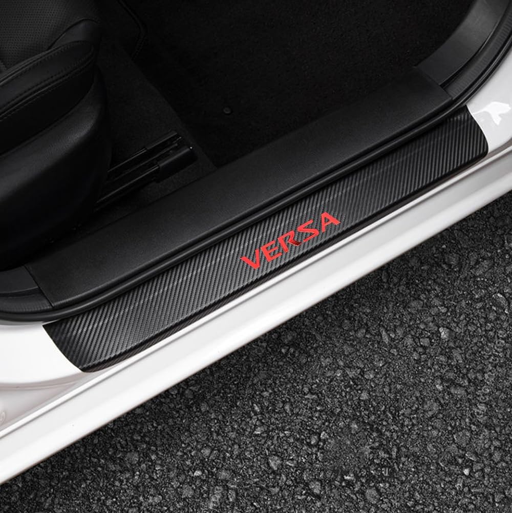 LEXLEY for Nissan 2020-2025 Versa Carbon Fiber Style Leather Door Sill Protector Anti-Dirty Scuff Plate Cover Guard Sills Protector Trim,Welcome Pedal Protect 4PCS -RED