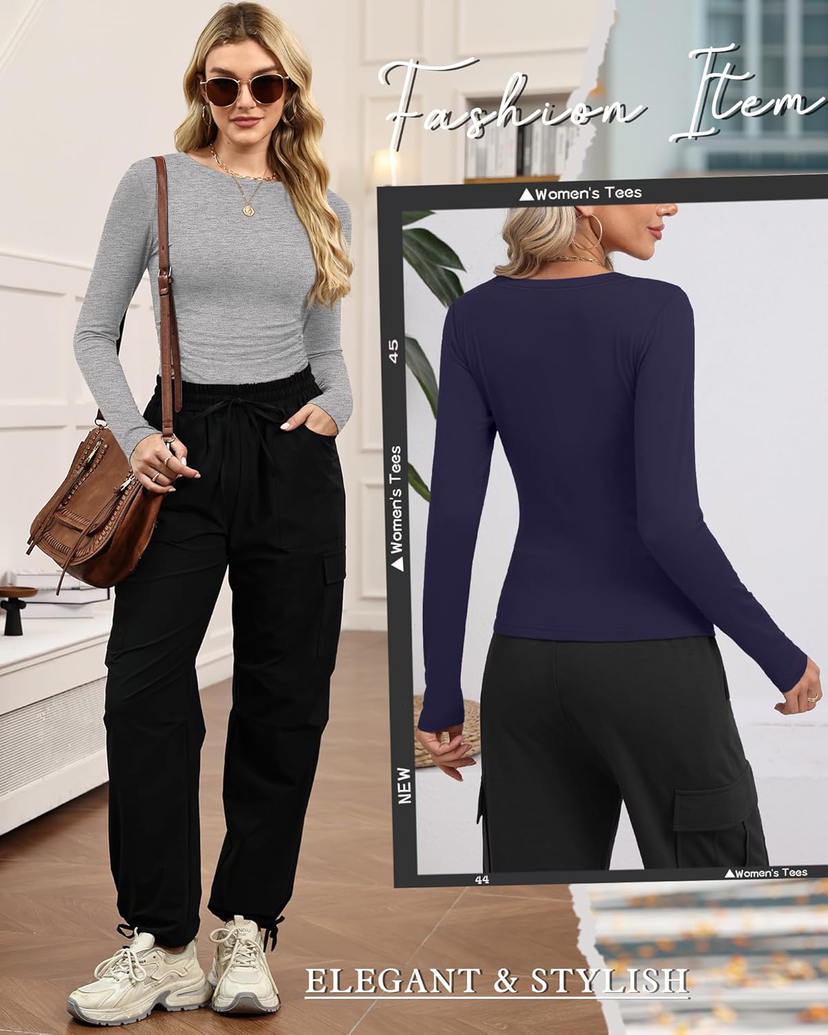 3 Pack Women's Long Sleeve Shirts, Crew Neck Side Ruched Tops Slim Fit Casual T Shirts Basic Fashion Tight Tees - Image 4