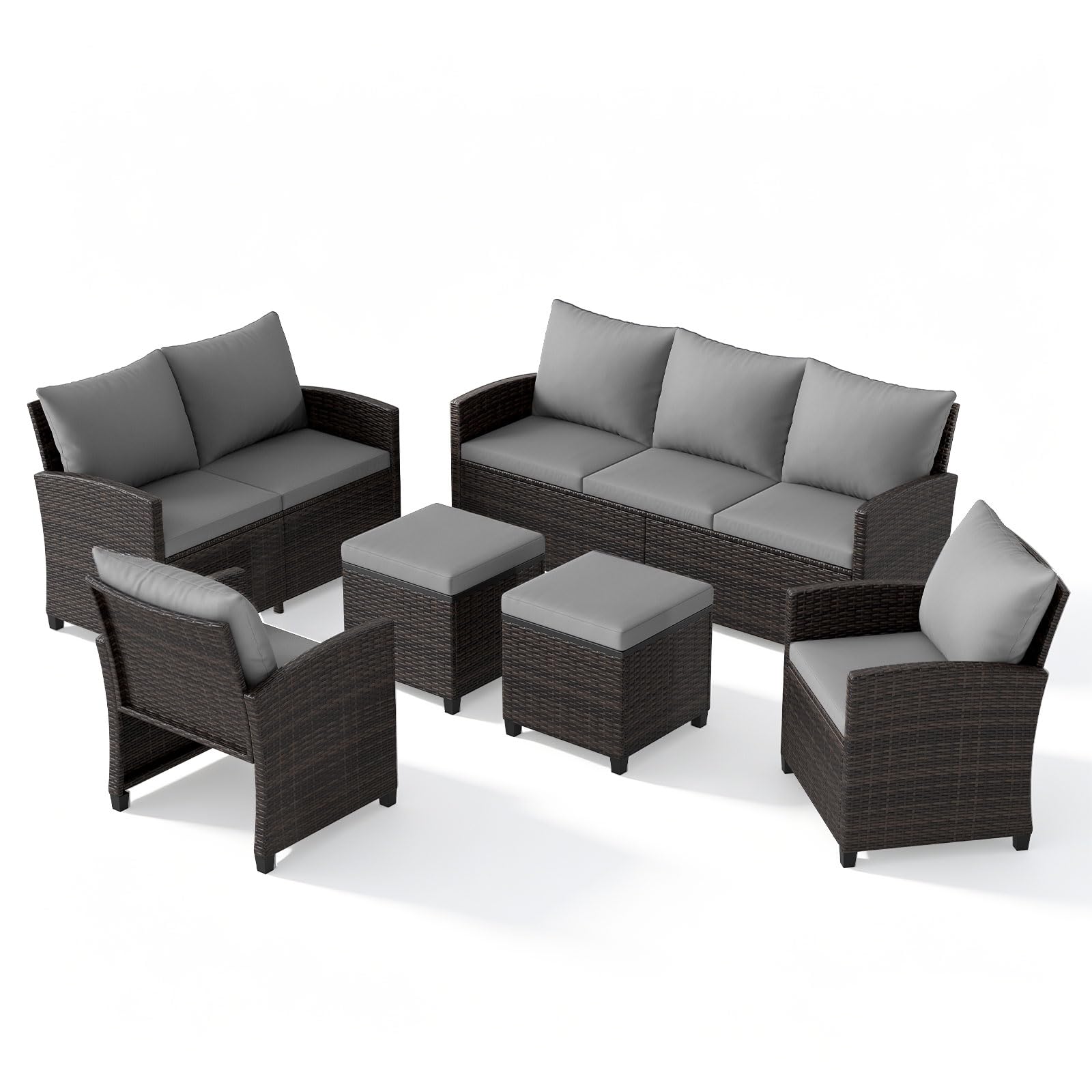 COSTWAY Conjunto Jardín de Ratán de 6 Piezas, Muebles Jardín Exterior con 2 Sofás, 2 Sillones, 2 Reposapiés, 16 Cojines Acolchados, Juego de Conversación para Terraza, Patio, Piscina (Gris)
