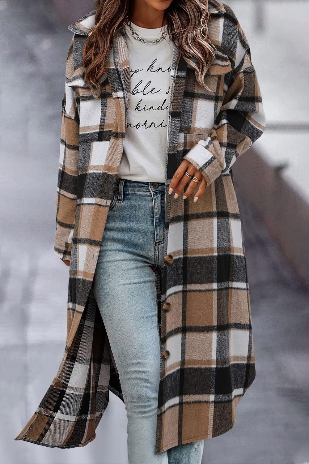 CHICZONE Womens Plaid Shacket Jacket Long Corduroy Shirt Casual Lapel Button Down Flannel Trench Coats - Image 2