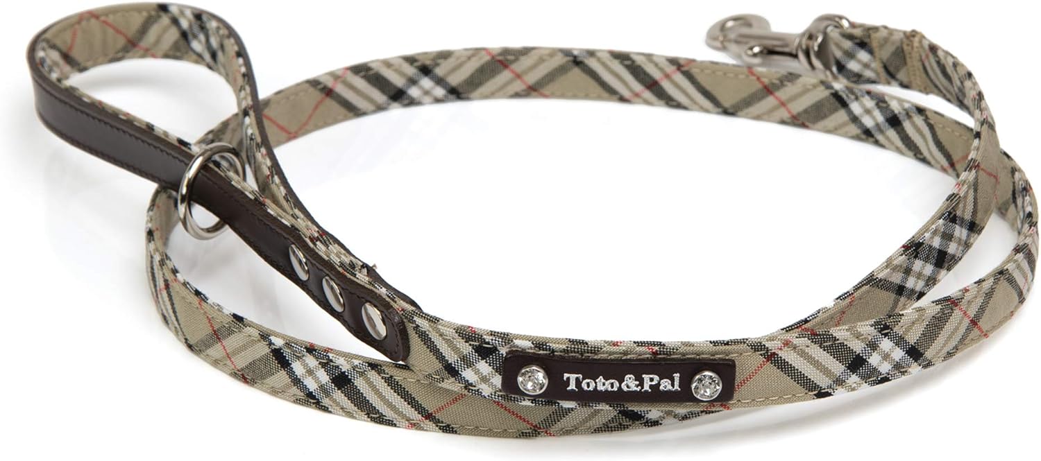 Toto&Pal Royal Tartan Check Lead (with Swarovski) Beige, 0.6 inch (15 mm)