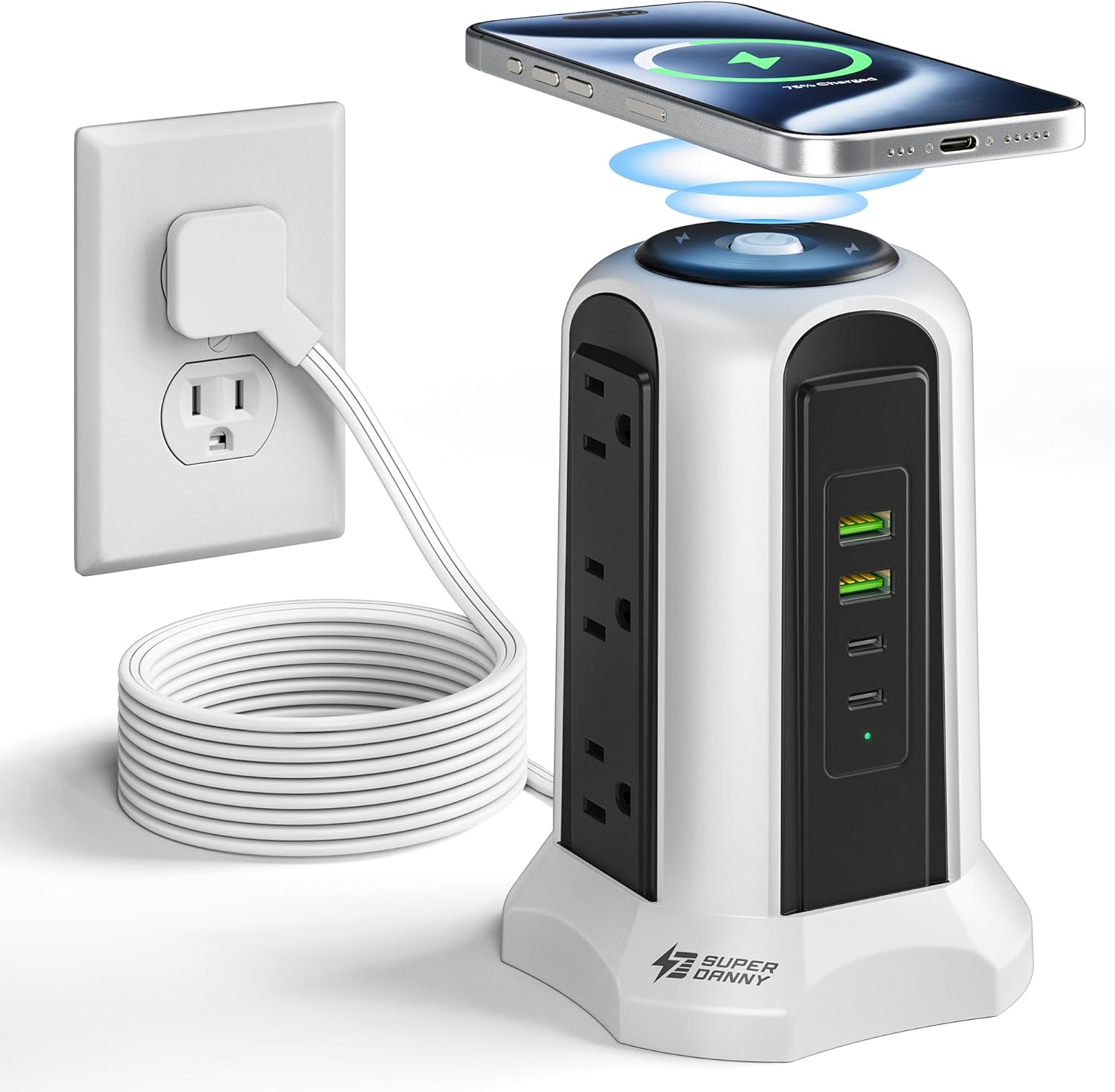 10ft Power Strip Tower Wireless Charger SUPERDANNY Surge Protector Extension Cord 10A 9-Outlet 4.5A 4 USB Electrical Charging Station Universal Socket for Laptop Phone White and Gray