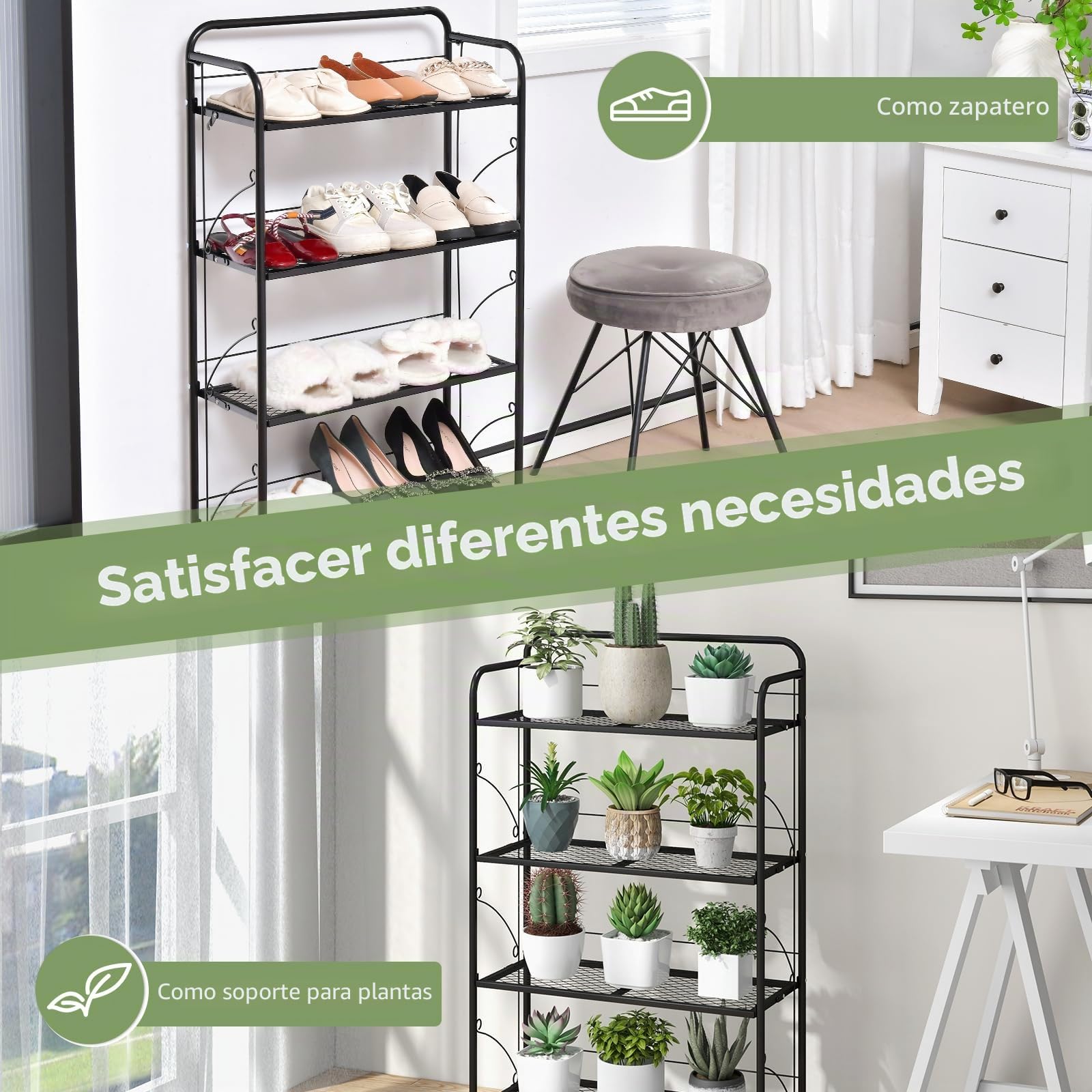 Goplus Soporte para plantas de metal, estantería para plantas de 4 niveles con estante plegable y patas ajustables, estantería para flores, escaleras para balcón, terraza, color negro
