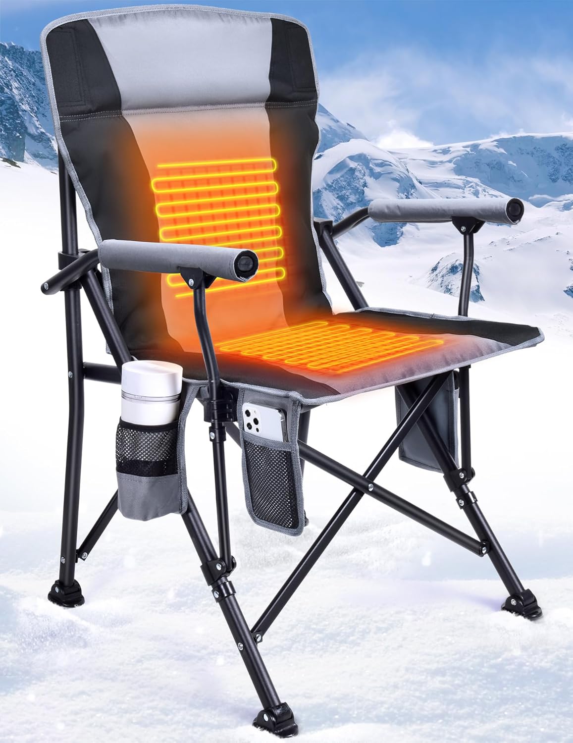 Heated Camping Chair for Adults, Heats Back and Seat, 3 Heat Levels, Fully Padded Heated Folding Chair for Outdoor Sports with Cup Holder, Rich Pockets, Battery NOT Included Grey