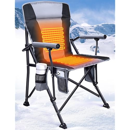 Docusvect Heated Camping Chair for Adults, Heats Back and Seat, 3 Heat Levels, Fully Padded Heated Folding Chair for Outdoor Sports with Cup Holder, Rich Pockets, Battery NOT Included