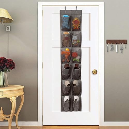 Miniatura 2 de Organizador de zapatos colgante para colgar sobre la puerta, 12 bolsillos grandes, color marrón claro