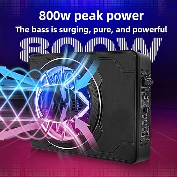 Yctze 10 Inch 800W Car Subwoofer Slim Active Powered Under Seat Car Subwoofer with LED Ambient Light Built in Amplifier