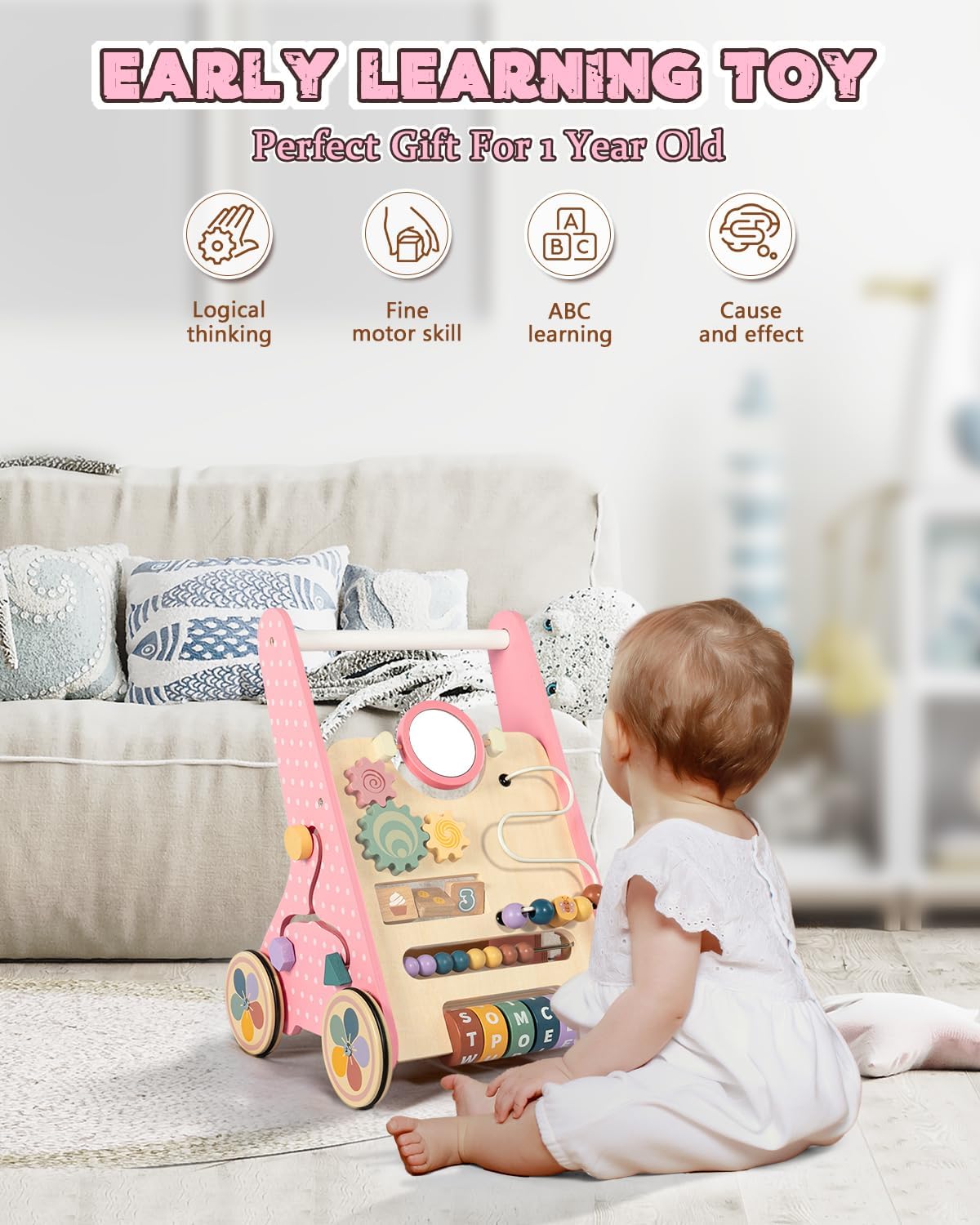 LOL-FUN Baby Lauflernwagen Holz, Rosa,Small | Lernspielzeug für Spaziergänge, Bodenschutz, Montessori, Aktivitätszentrum, 1 Jahr altes Kleinkind