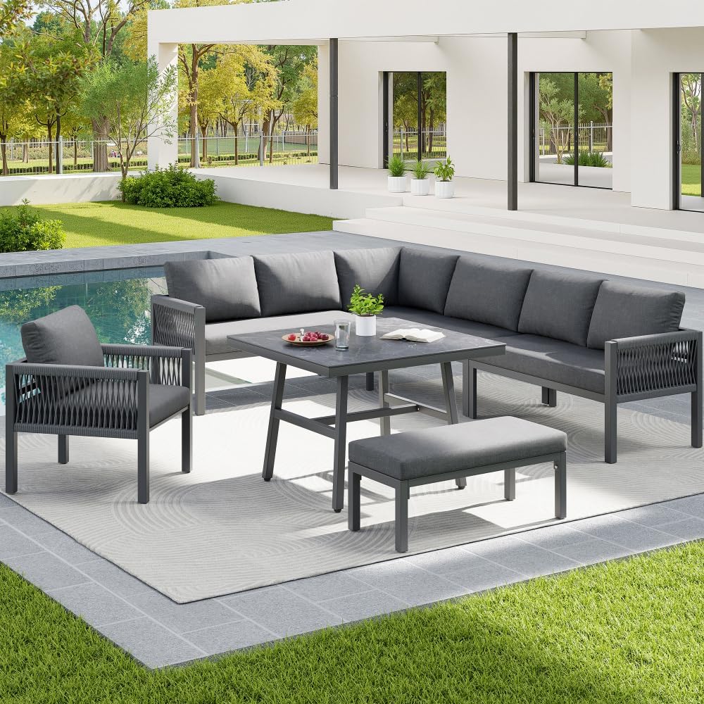 Conjunto de sofás de Exterior en Forma de L para 6-8 Personas, sofá Combinado de jardín Tejido a Mano, Conjunto de terraza con 1 Mesa (Madera y Vidrio) y 1 sillón, Muebles de jardín(Gris)