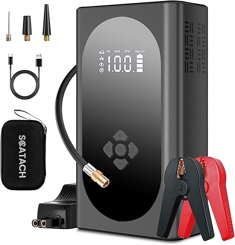 Q12 4000A 150PSI Arrancador con compresor de aire, paquete de batería de arranque (hasta 10.0L de gasolina8.0L diesel), con pantalla grande,