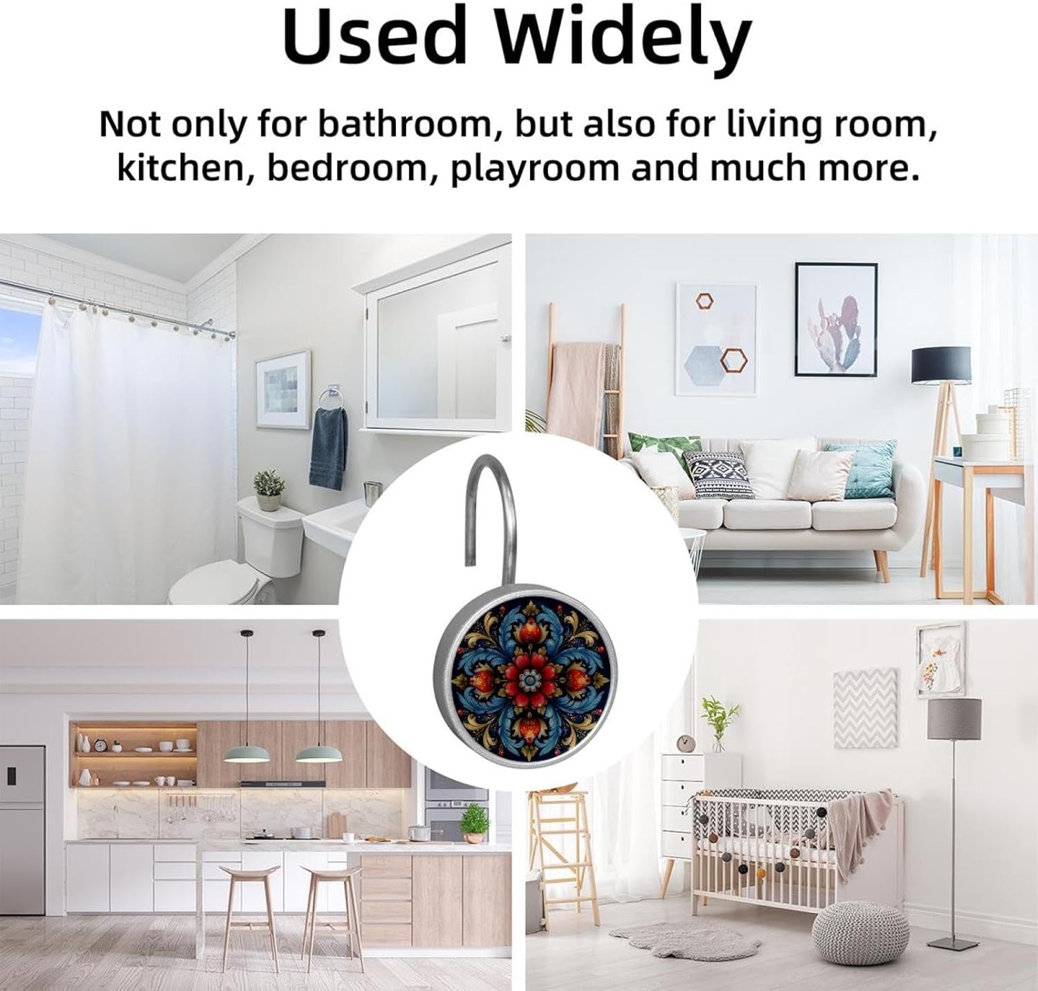 Norwegian Rosemaling Folk Style Flower (48) Round Crystal Glass Decorative Shower Curtain Hooks with 3D Pattern Visual, Rust Proof Shower Curtain Rings-12 Pack