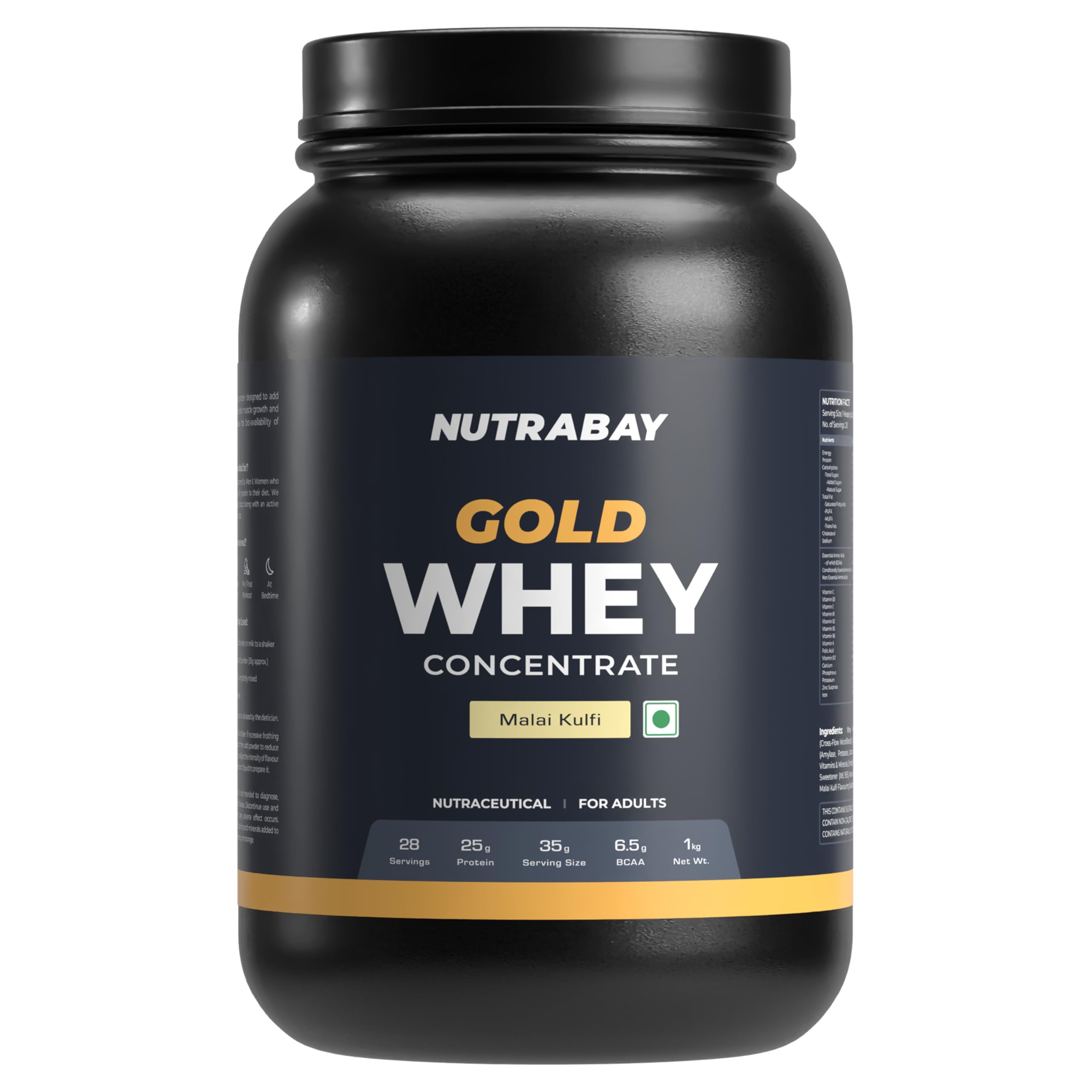Nutrabay Gold Whey Protein Concentrate with Digestive Enzymes & Vitamin Minerals 25g Protein β Muscle Support & Recovery β 1kg, Malai Kulfi | Trustified Certified Authentic